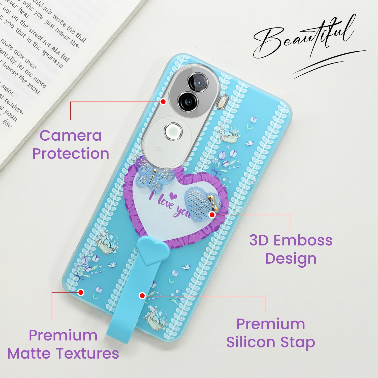 For Vivo iQOO Z9s Back Cover Case (3D Cute Heart Strap Holder | Camera Protection | Designer Girls Print)