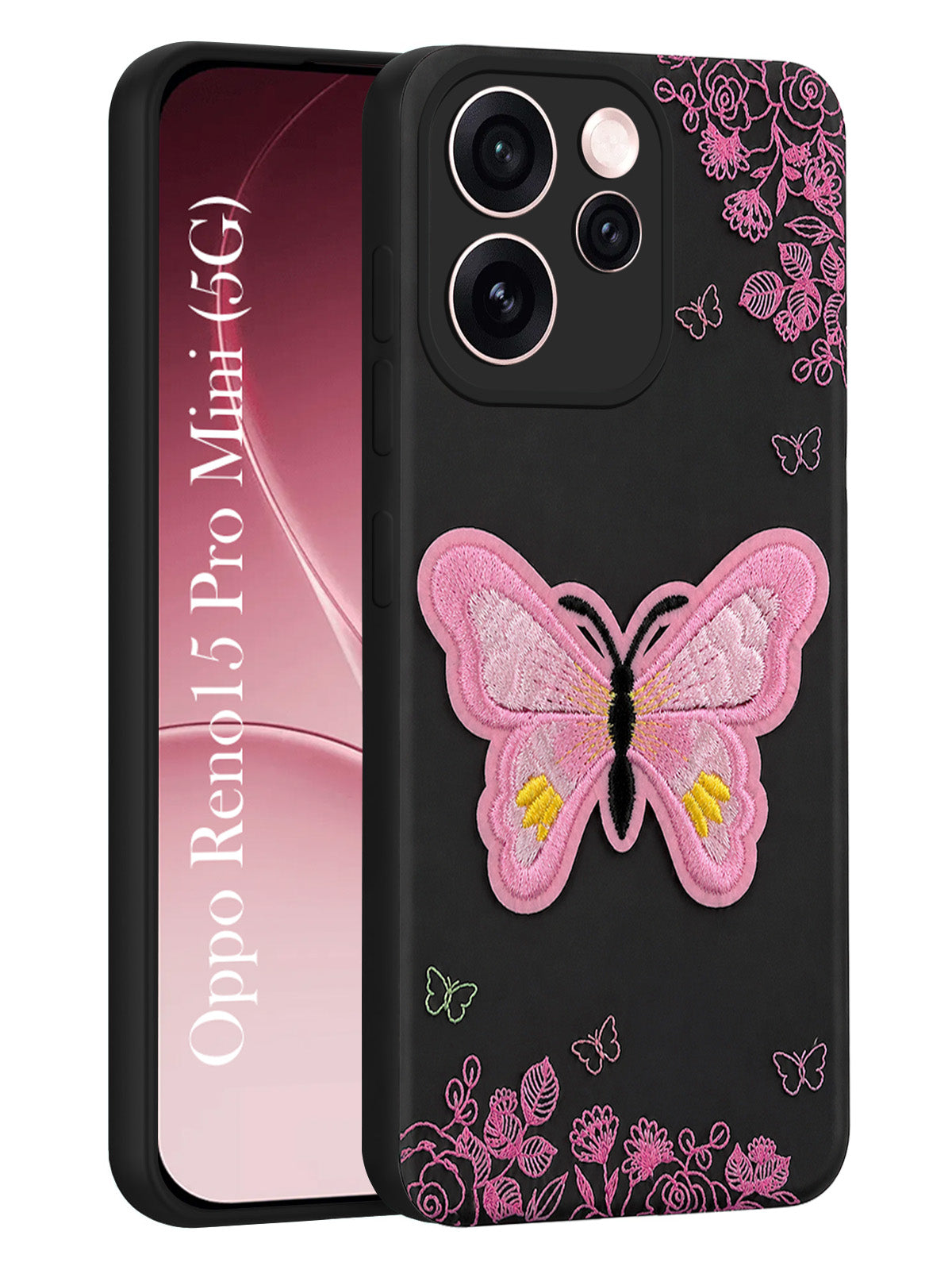 For Oppo Reno15 Pro Mini 5G | Oppo Reno 15 Pro Mini 5G Back Cover Case (Soft Butterfly Embroidery | Women Teen Girls | Camera Protection| Matte Silicone)