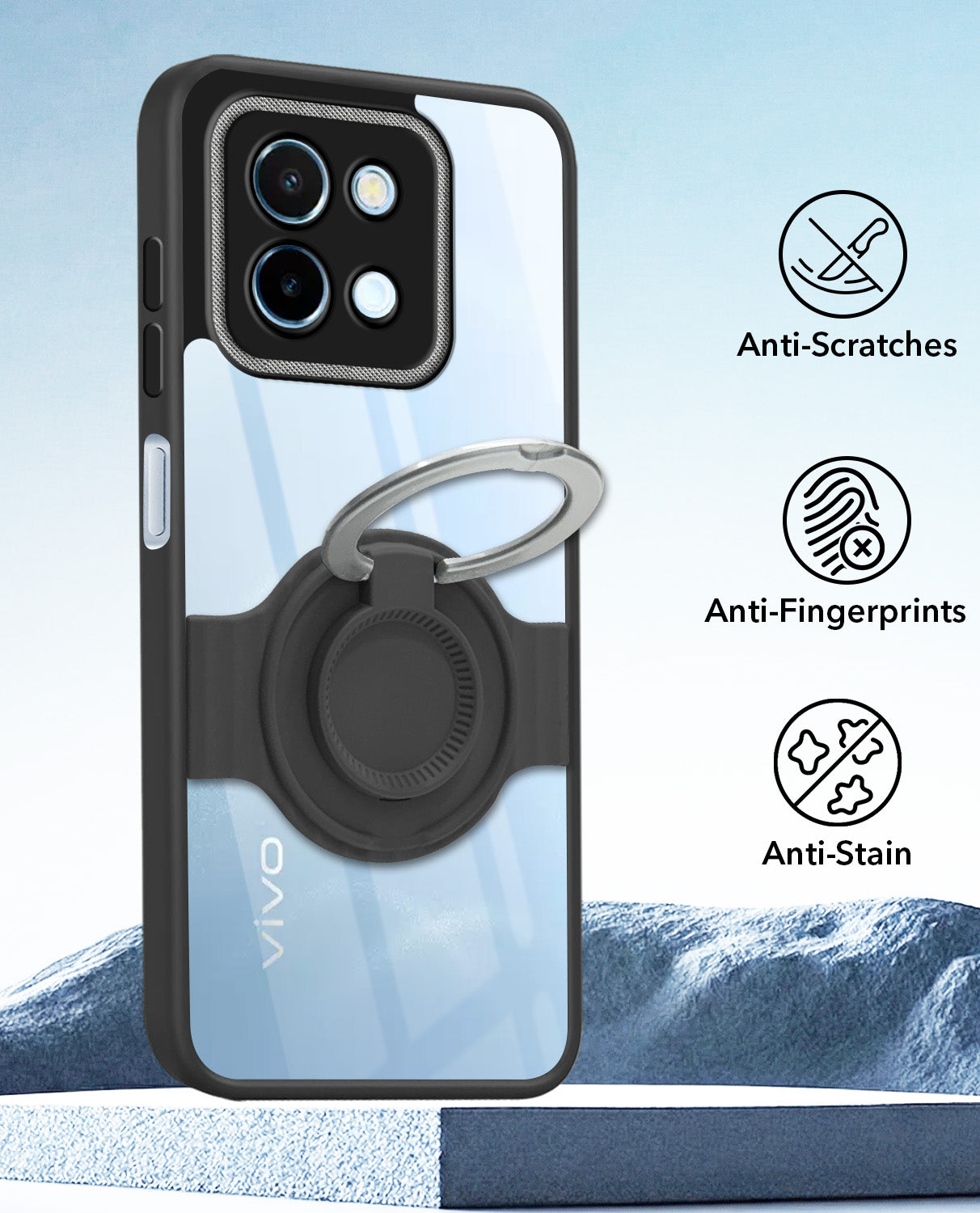 For Vivo Y58 5G Back Cover Case with stand (Built-in Ring Holder Kickstand | Lifetime Anti Yellow | Camera Protection)