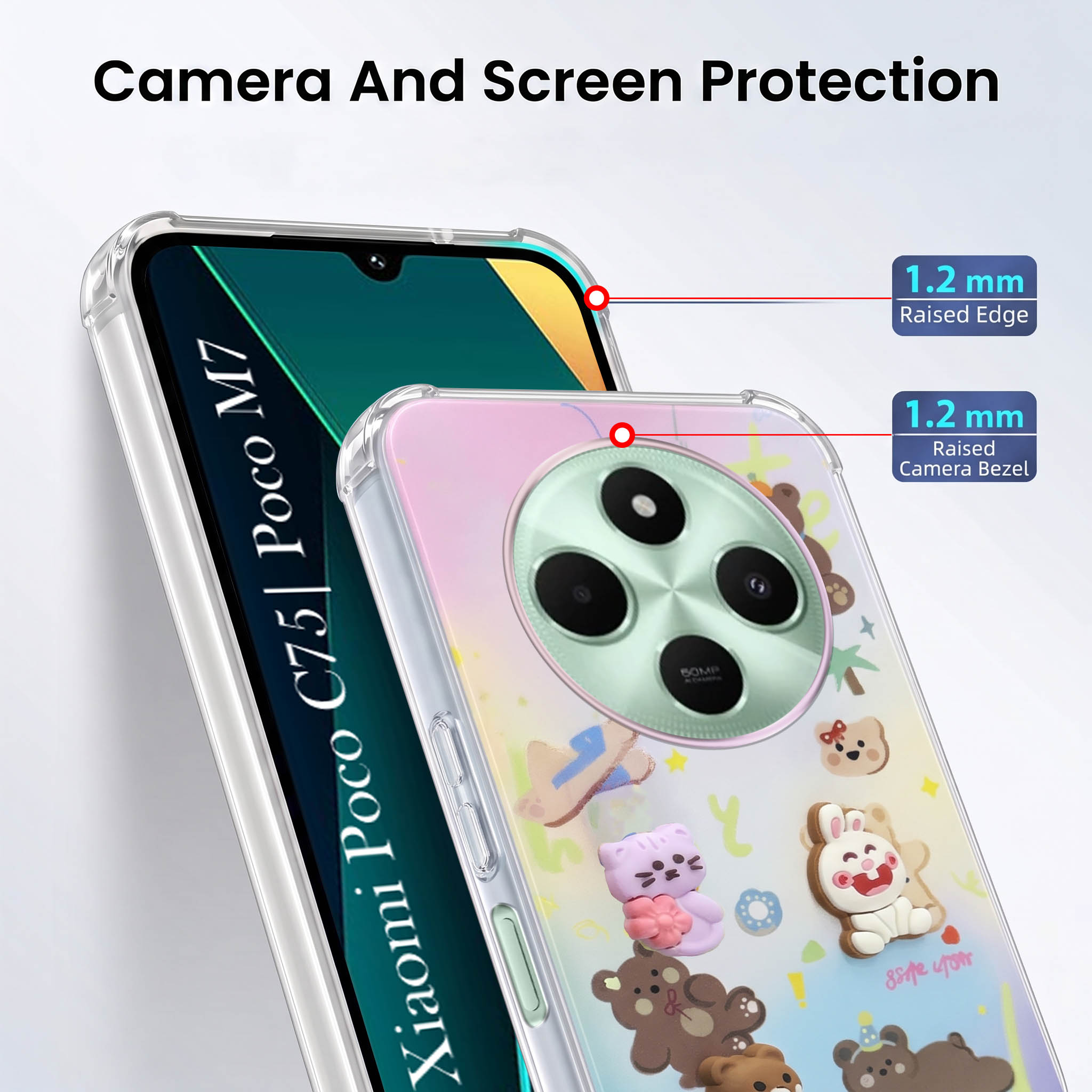For Poco C75 | Poco M7 Back Cover Case (3D Cute Cartoons | Hard Back Side Soft | Matte Premium Finish | HD Printing)