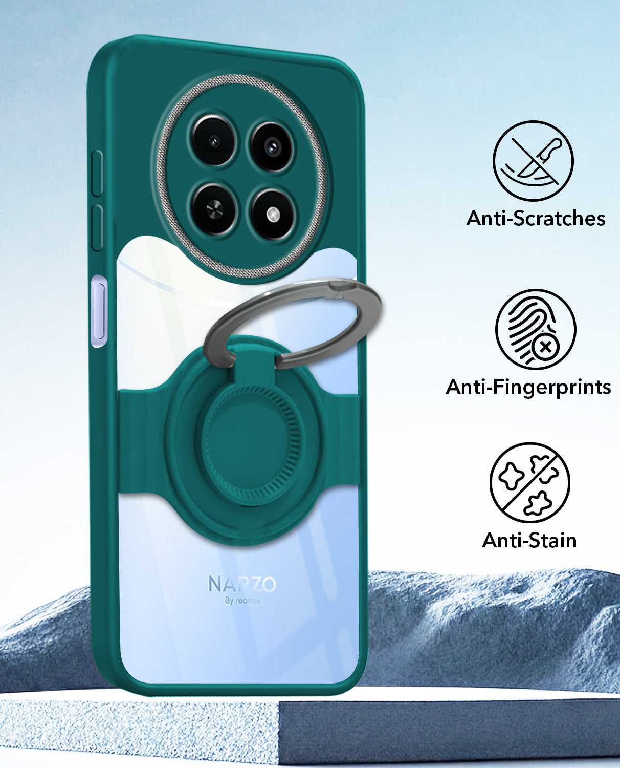 For Realme Narzo 70x 5G Back Cover Case with stand (Built-in Ring Holder Kickstand | Lifetime Anti Yellow | Camera Protection)