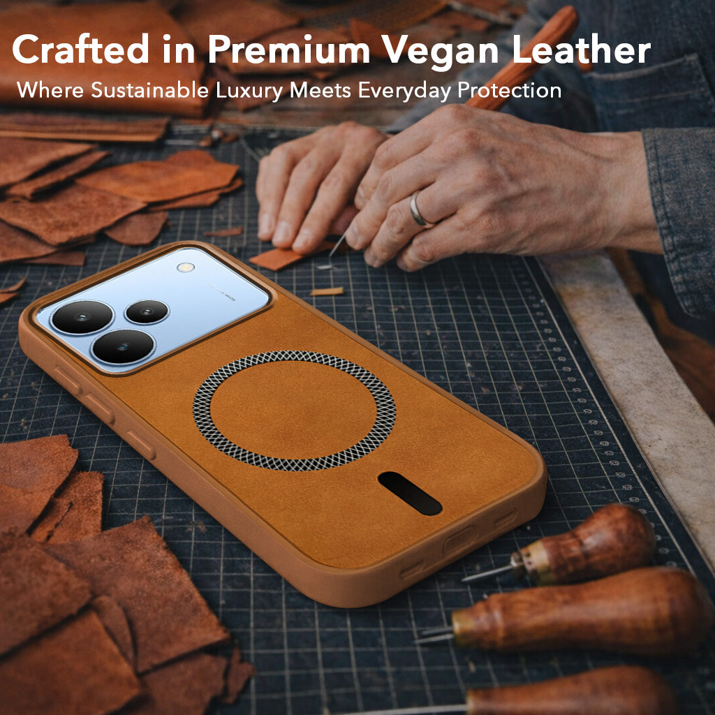 For Realme P4 Back Cover Case Leather Finish (MagSafe Compatible Wireless Charging | Soft Touch | Camera Bump Protection)