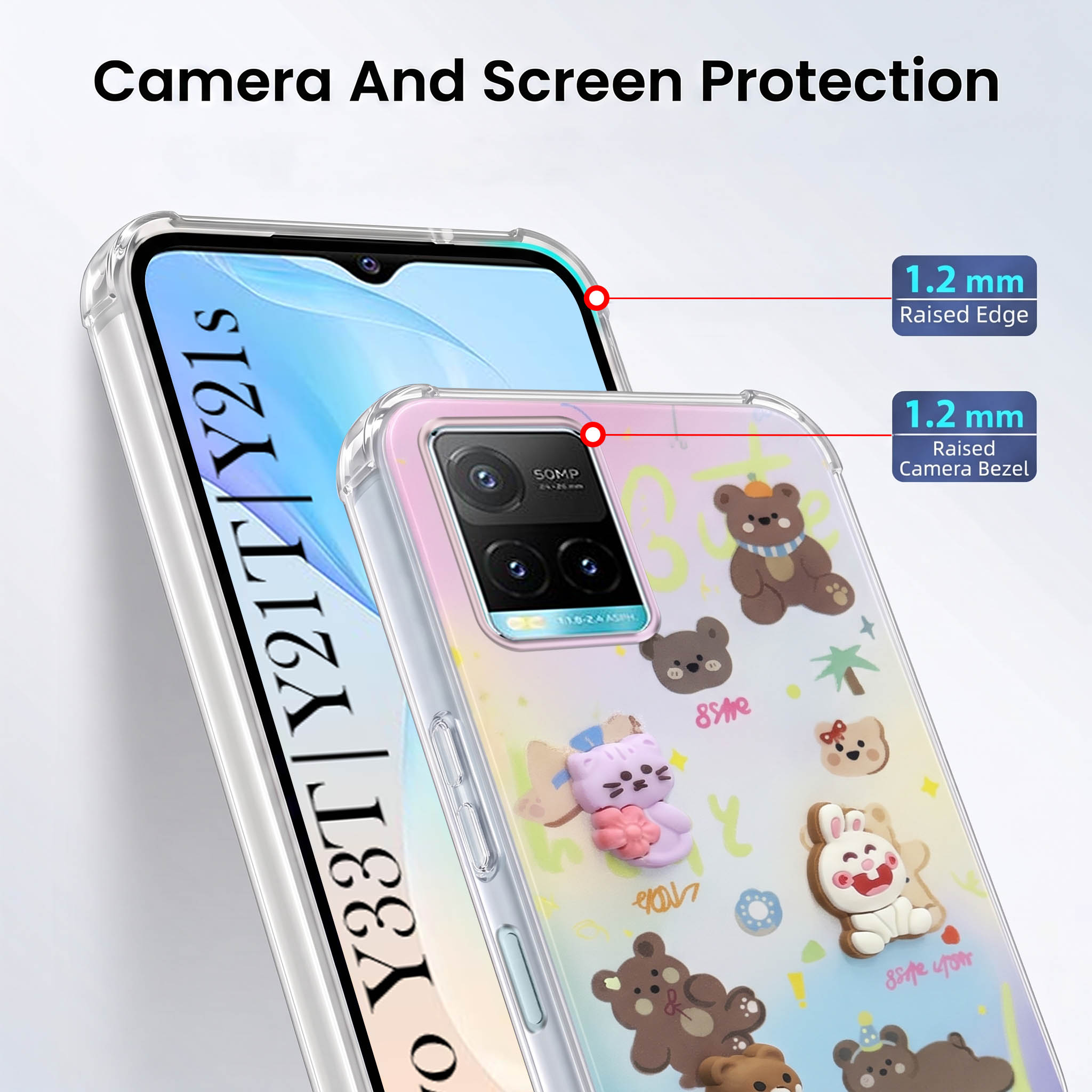 For Vivo Y33T | Vivo Y21T | Vivo Y21s Back Cover Case (3D Cute Cartoons | Hard Back Side Soft | Matte Premium Finish | HD Printing)
