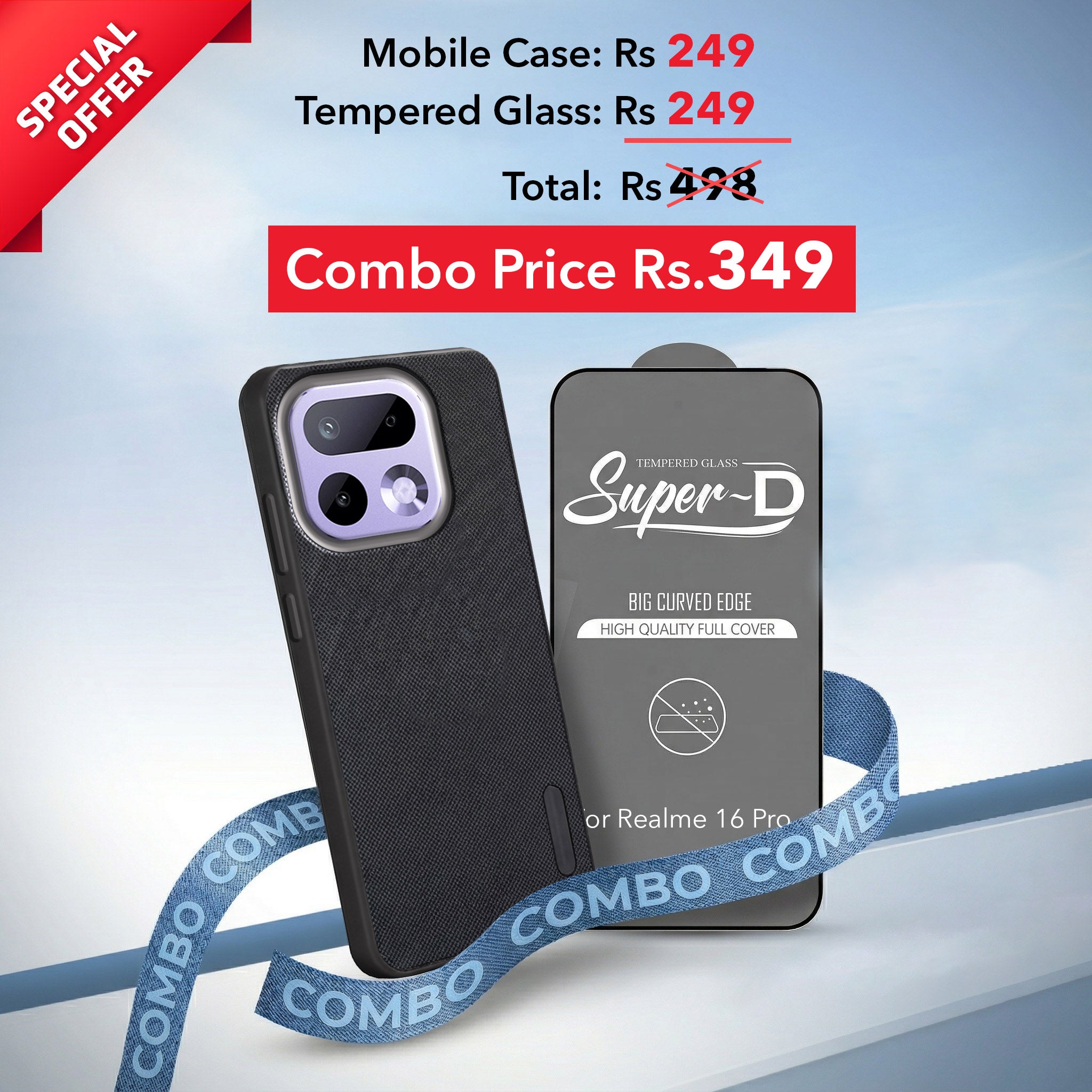 For Realme 16 Pro Combo with Back Cover and 9H Tempered Glass (Textured Grip Design | Micro-Fiber Cloth Inside | Oleophobic Coating Screen Glass)