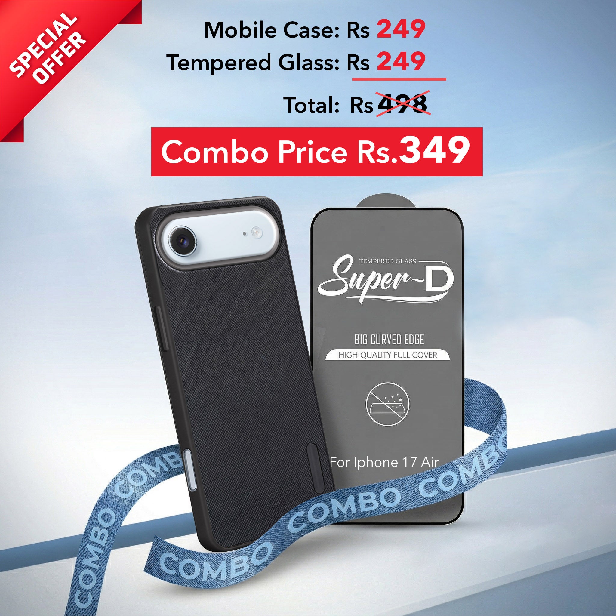 For Apple iPhone 17 Air Combo with Back Cover and 9H Tempered Glass (Textured Grip Design | Micro-Fiber Cloth Inside | Oleophobic Coating Screen Glass)