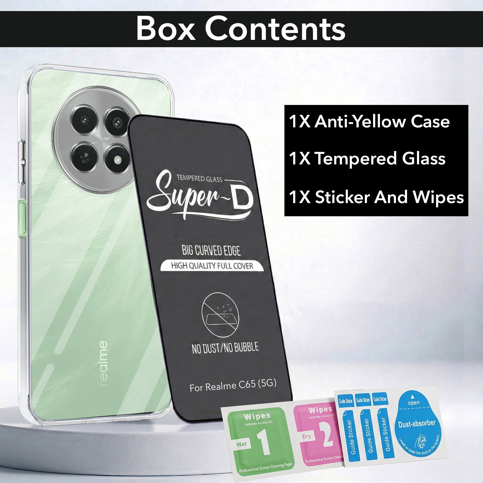 For Realme C65 5G Combo with Back Cover and 9H Tempered Glass (Lifetime Anti-Yellow | Sleek Hard Crystal | Oleophobic Coating Screen Glass)