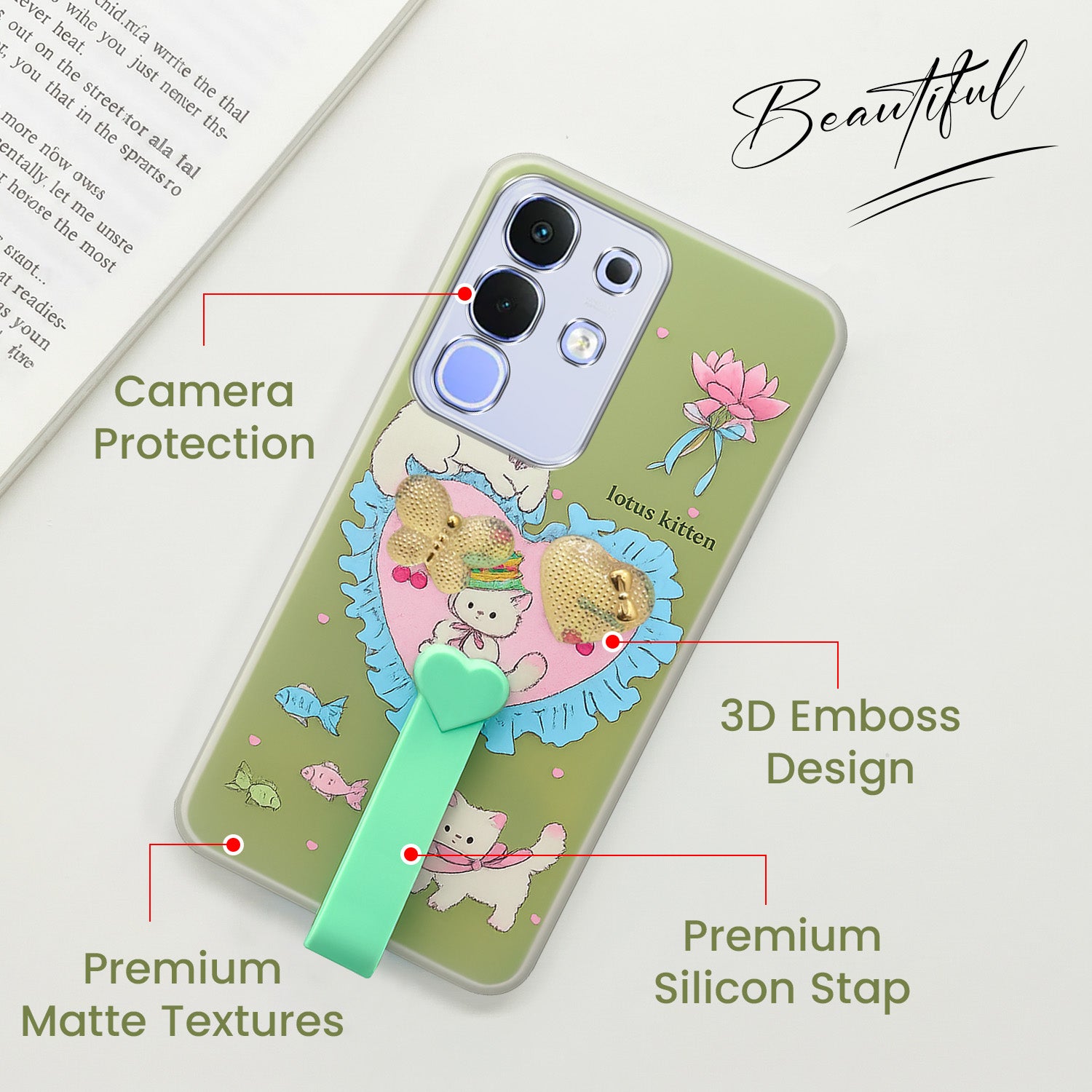 For Vivo iQOO Z10x Back Cover Case (3D Cute Heart Strap Holder | Camera Protection | Designer Girls Print)