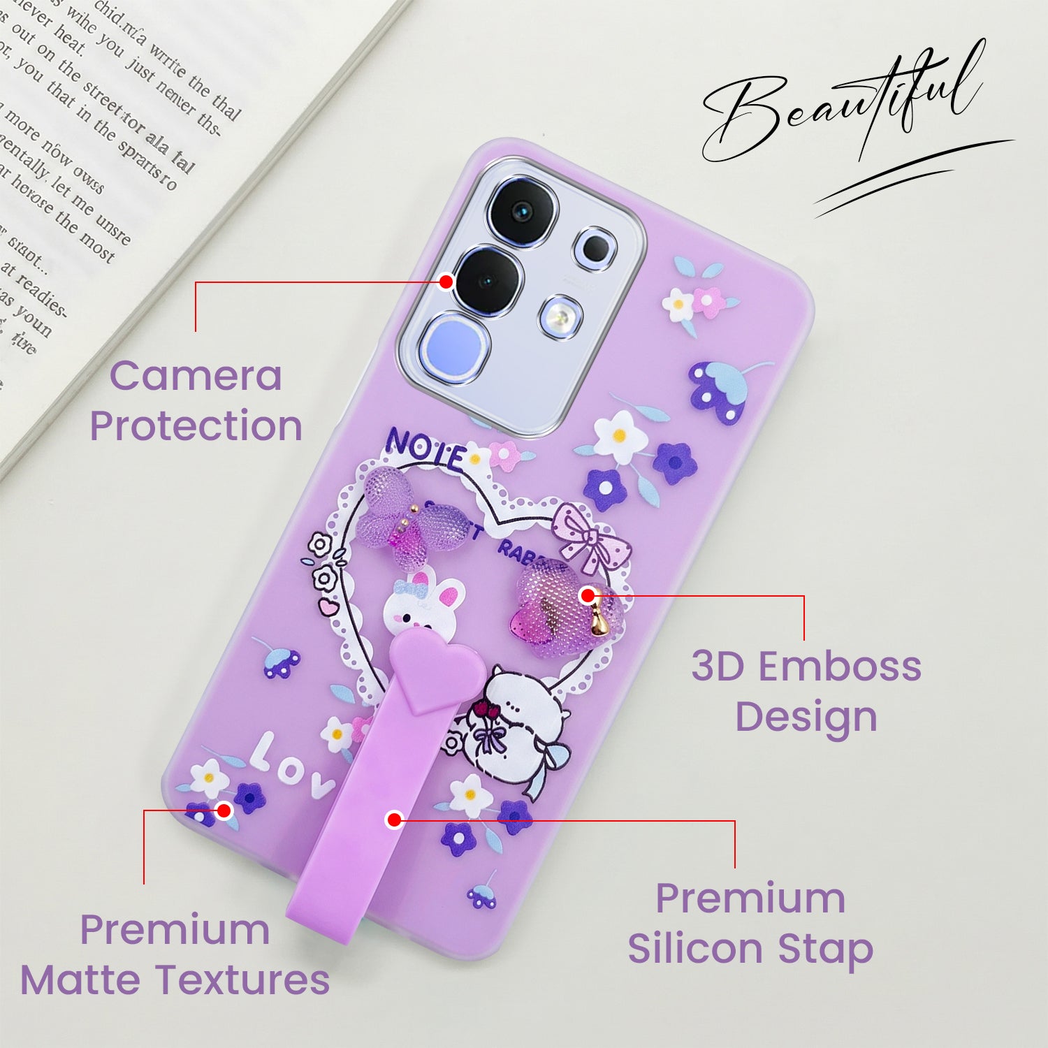For Vivo iQOO Z10x Back Cover Case (3D Cute Heart Strap Holder | Camera Protection | Designer Girls Print)