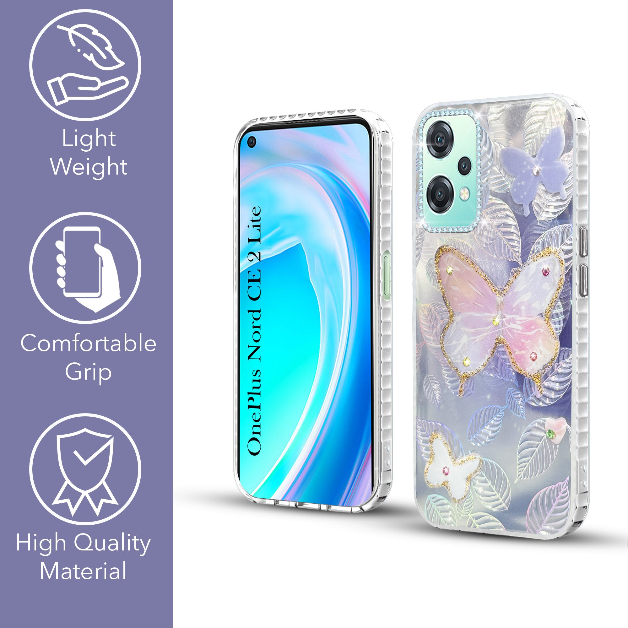 For OnePlus Nord CE 2 Lite Back Cover Case (Luxury Floral Glitter Cute Butterfly | Diamond Studded Camera Bump | Girls & Women Design)