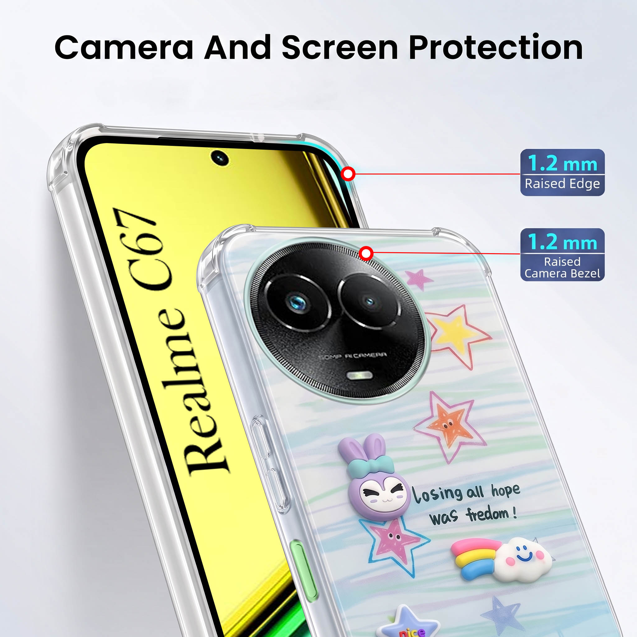 For Realme C67 Back Cover Case (3D Cute Cartoons | Hard Back Side Soft | Matte Premium Finish | HD Printing)