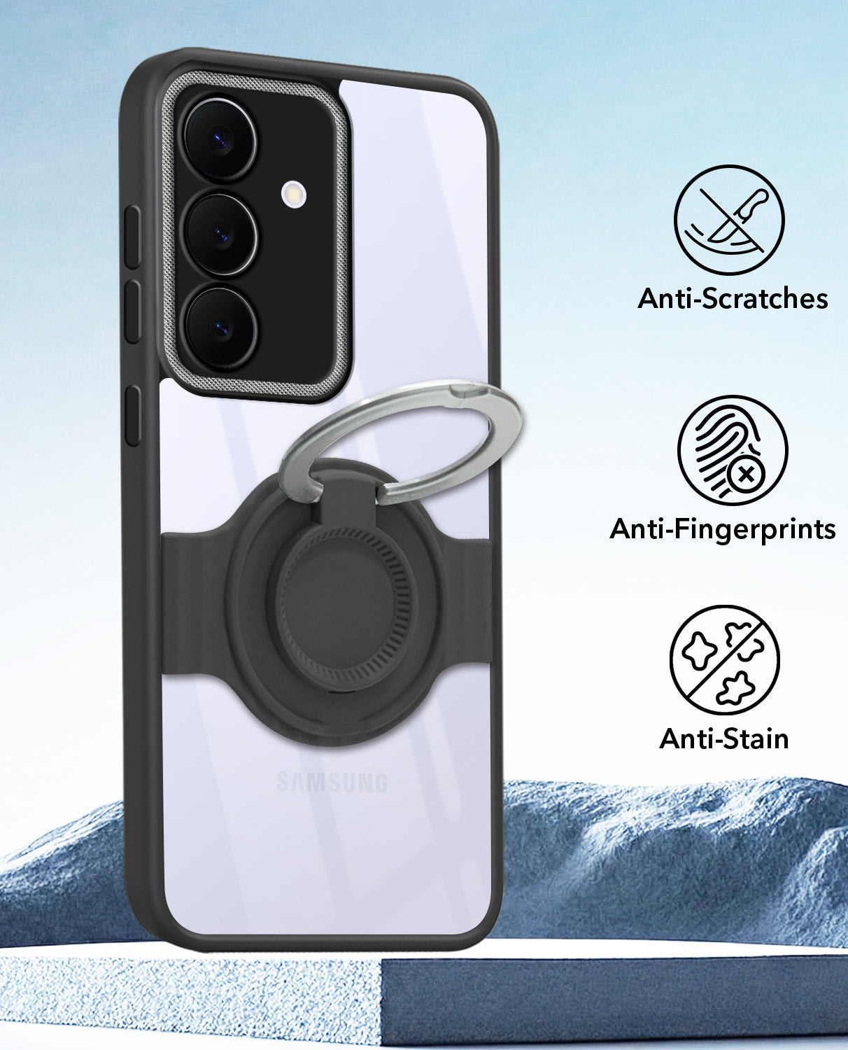 For Samsung Galaxy S25 FE Back Cover Case with stand (Built-in Ring Holder Kickstand | Lifetime Anti Yellow | Camera Protection)