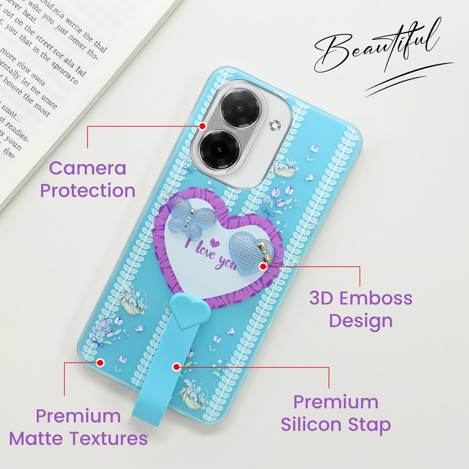 For Redmi A5 4G Back Cover Case (3D Cute Heart Strap Holder | Camera Protection | Designer Girls Print)
