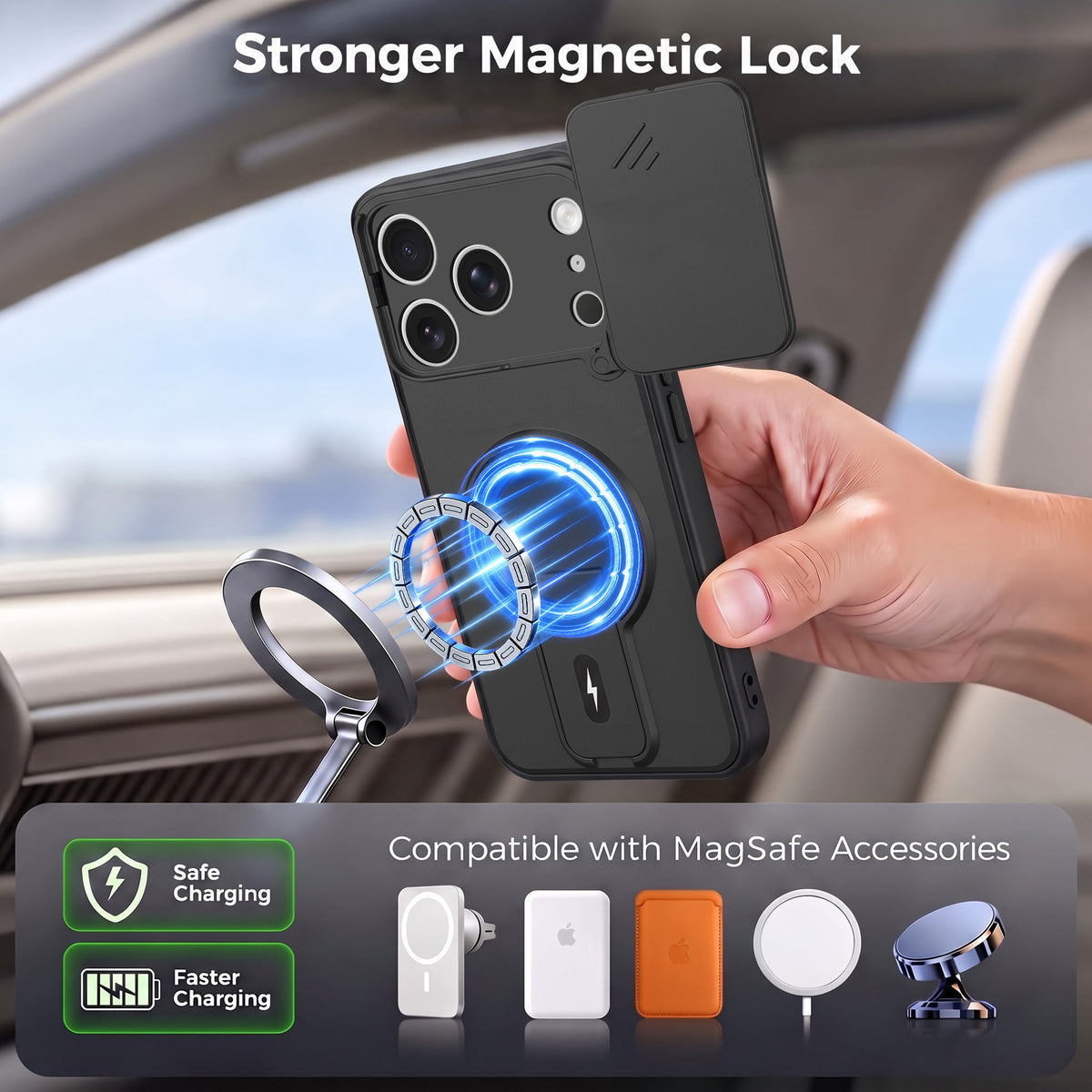 For Apple iPhone 17 Pro Back Case Cover Metallic (Hybrid Armor Kickstand | Sliding Shutter Camera Protection | MagSafe Compatible)