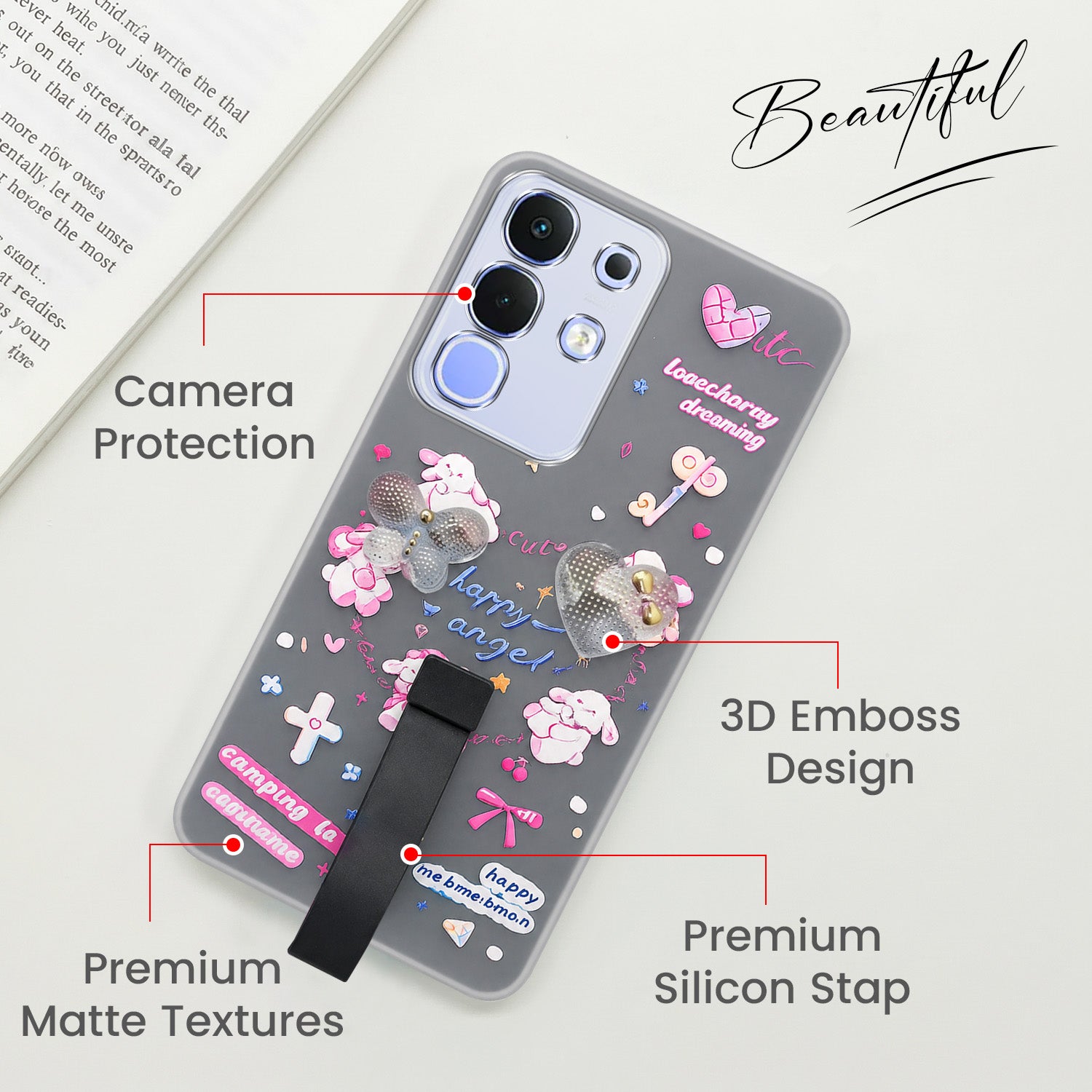 For Vivo iQOO Z10x Back Cover Case (3D Cute Heart Strap Holder | Camera Protection | Designer Girls Print)