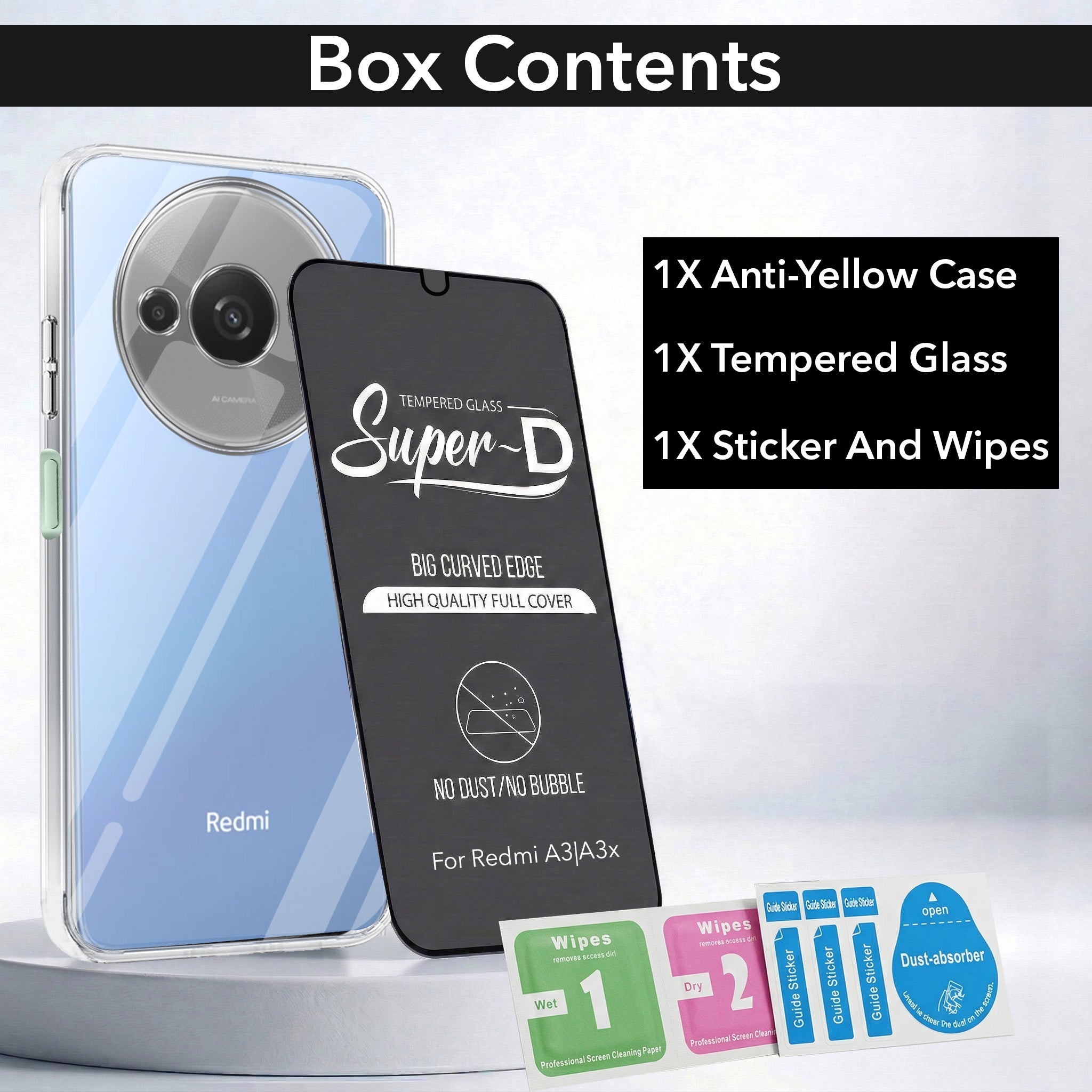 For Redmi A3 2024 | Redmi A3x Combo with Back Cover and 9H Tempered Glass (Lifetime Anti-Yellow | Sleek Hard Crystal | Oleophobic Coating Screen Glass)