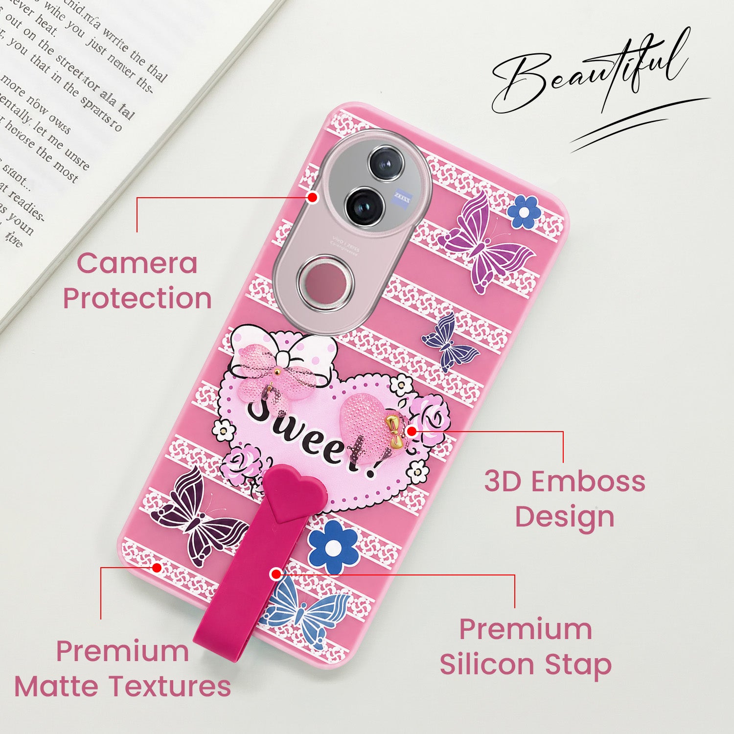 For Vivo V50 | Vivo V50e Back Cover Case (3D Cute Heart Strap Holder | Camera Protection | Designer Girls Print)