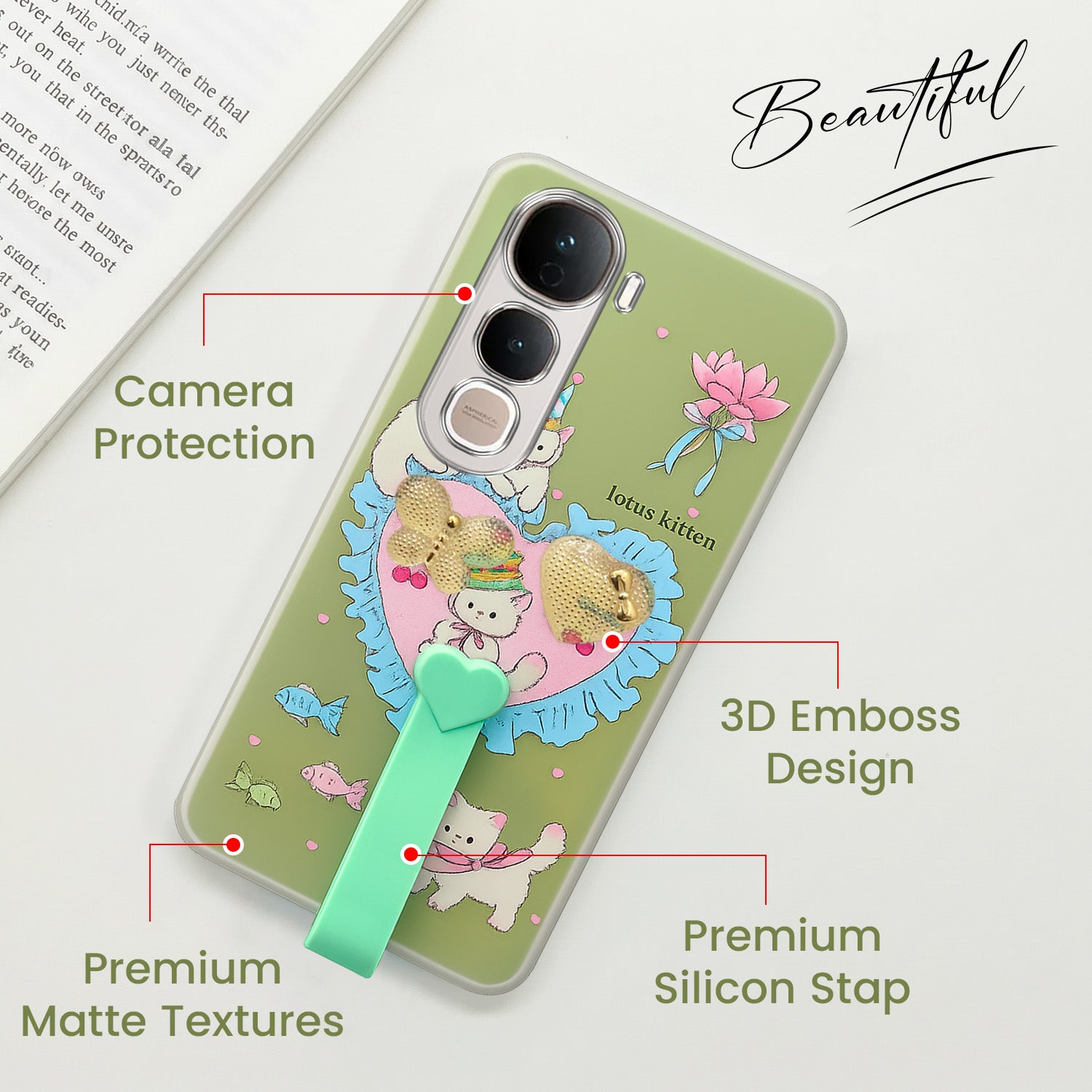 For Vivo Y400 Pro Back Cover Case (3D Cute Heart Strap Holder | Camera Protection | Designer Girls Print)