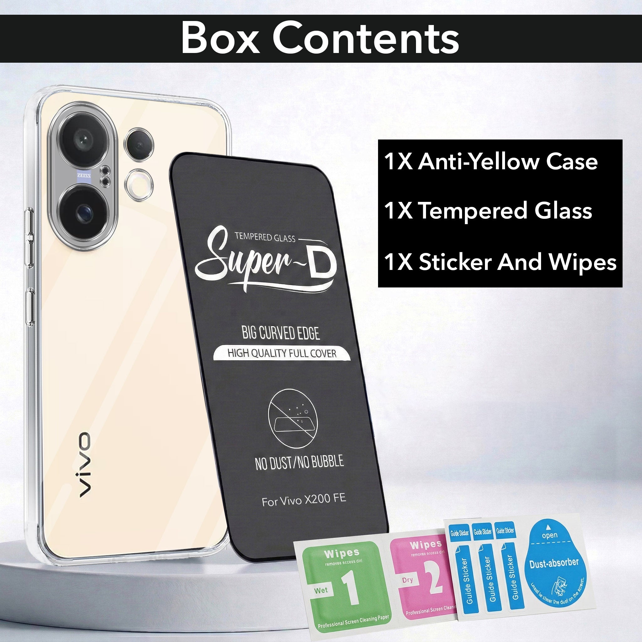 For Vivo X200 FE Combo with Back Cover and 9H Tempered Glass (Lifetime Anti-Yellow | Sleek Hard Crystal | Oleophobic Coating Screen Glass)
