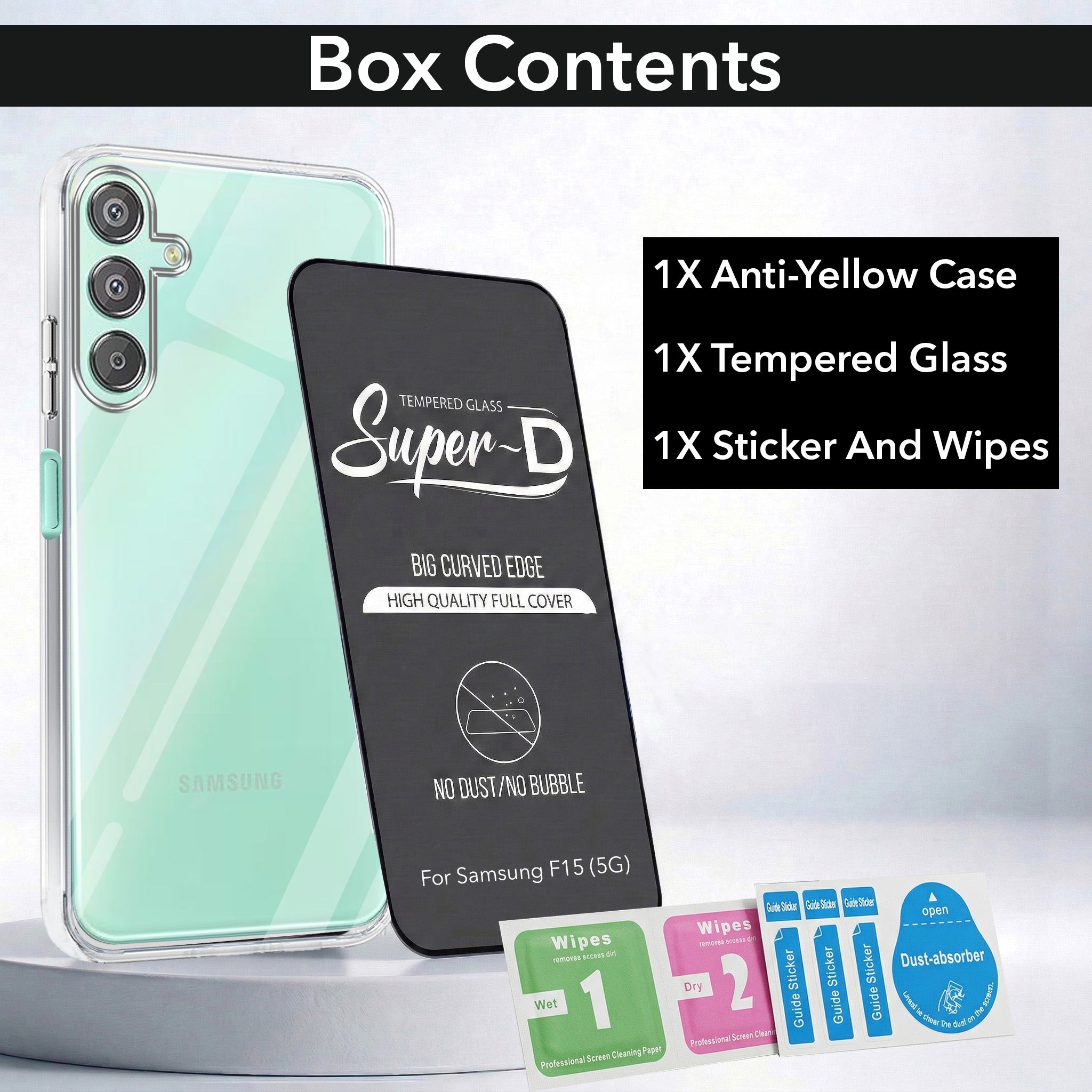 For Samsung Galaxy F15 5G Combo with Back Cover and 9H Tempered Glass (Lifetime Anti-Yellow | Sleek Hard Crystal | Oleophobic Coating Screen Glass)