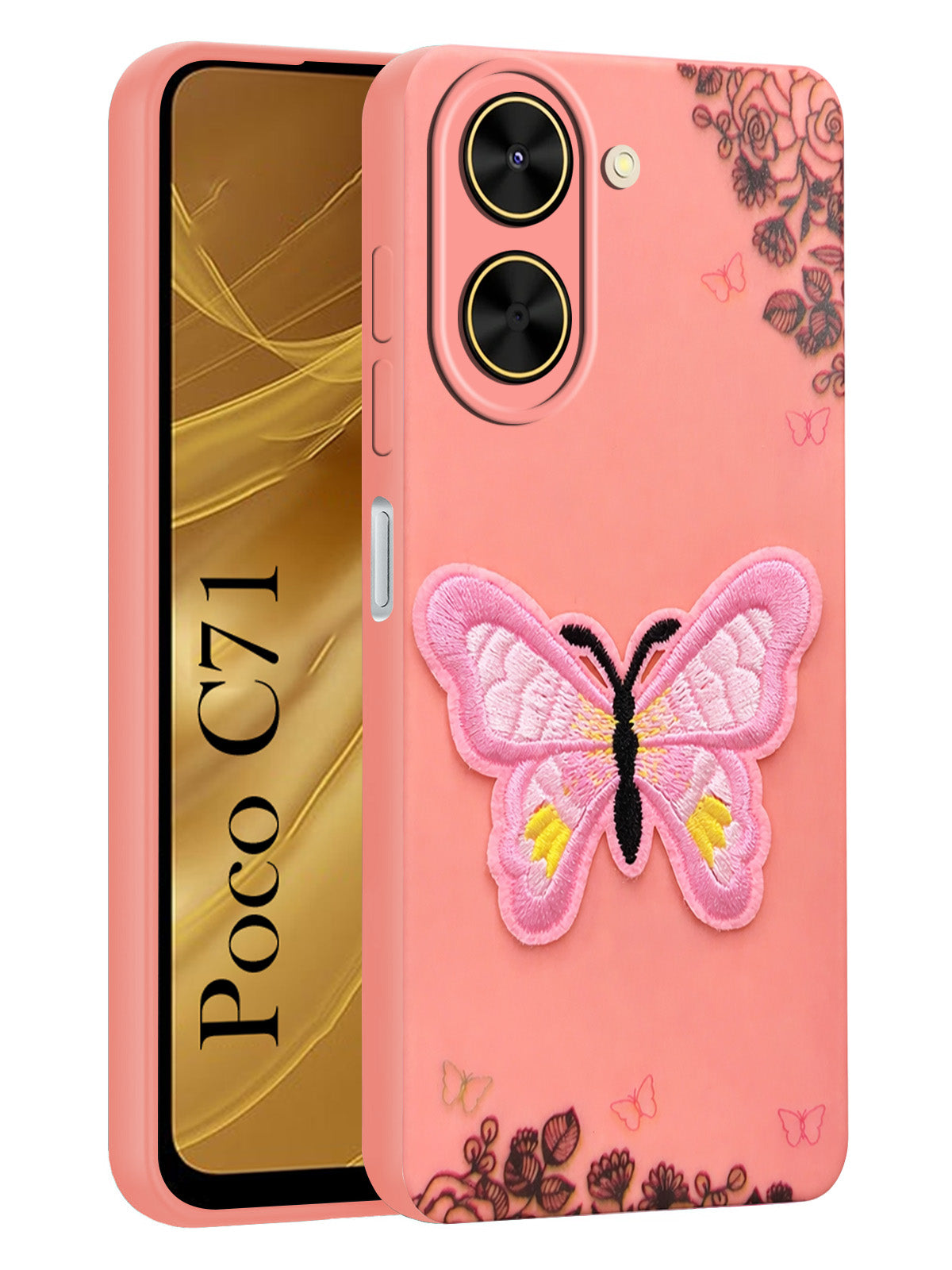 For Poco C71 Back Cover (Soft Butterfly Embroidery | Women Teen Girls | Camera Protection| Matte Silicone)