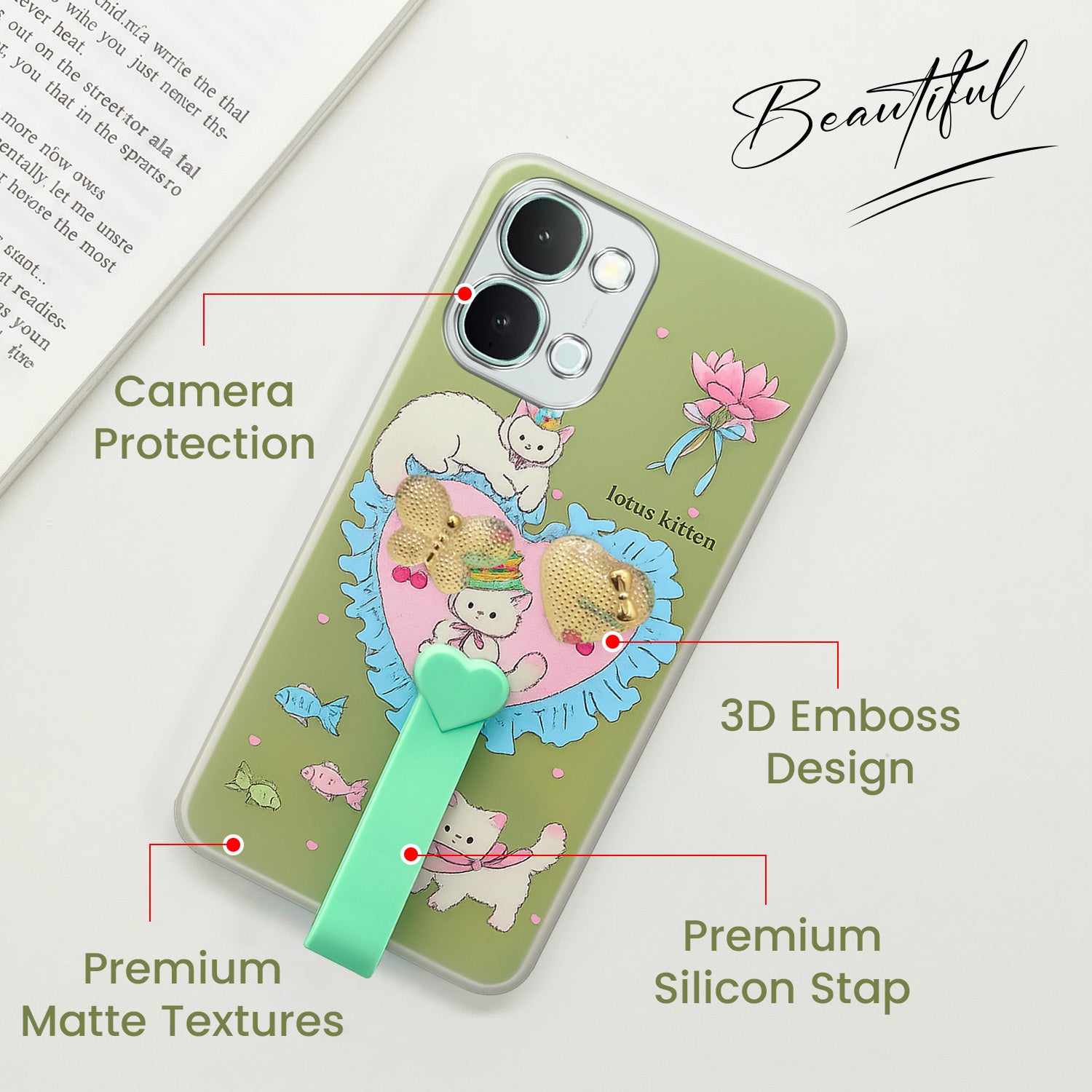 For iQOO Z11x 5G Back Cover Case (3D Cute Heart Strap Holder | Camera Protection | Designer Girls Print)