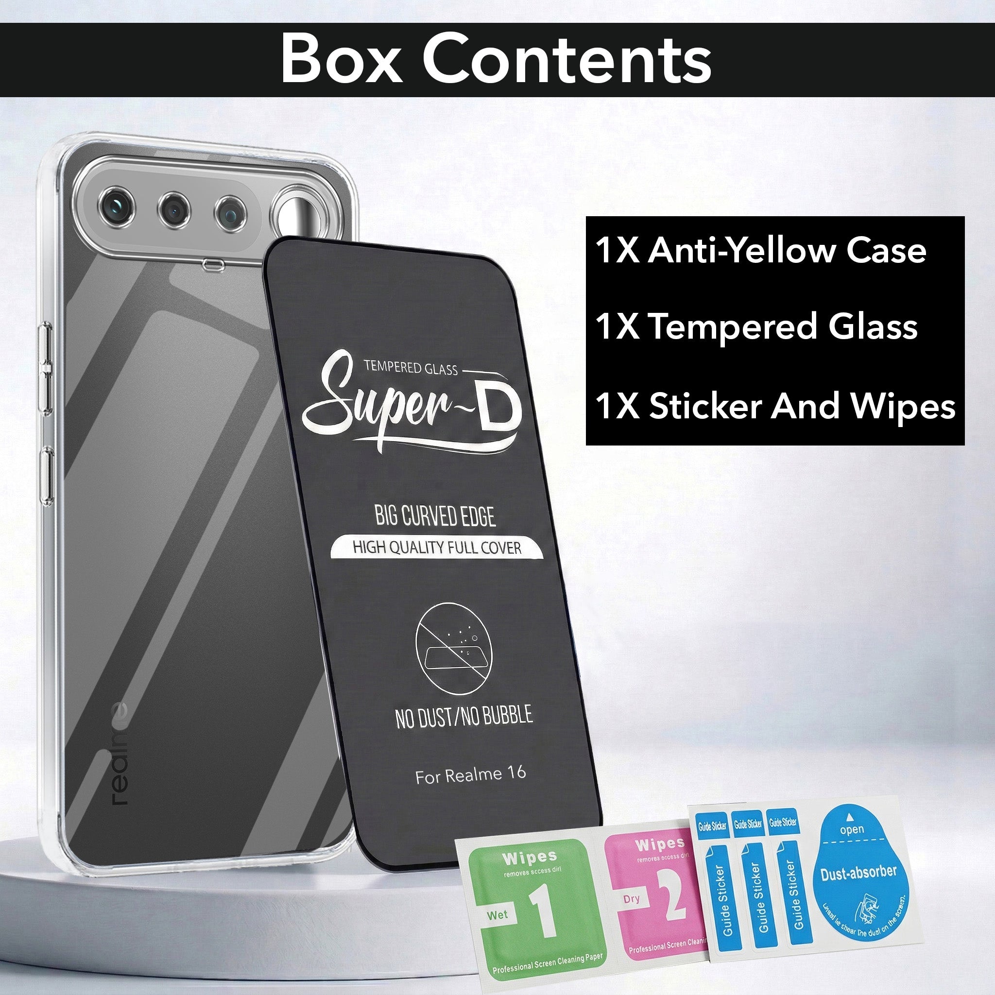 For Realme 16 Combo with Back Cover and 9H Tempered Glass (Lifetime Anti-Yellow | Sleek Hard Crystal | Oleophobic Coating Screen Glass)