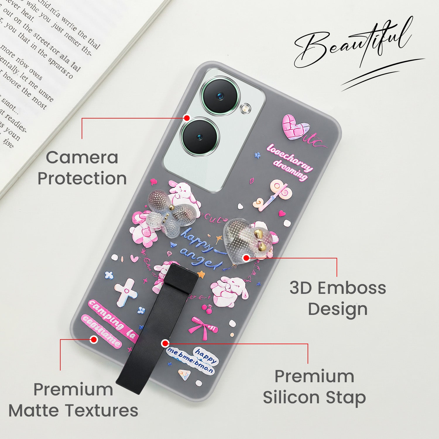 For Vivo Y18 | Y18e | Y03 | Y18i | Y18t Back Cover Case (3D Cute Heart Strap Holder | Camera Protection | Designer Girls Print)