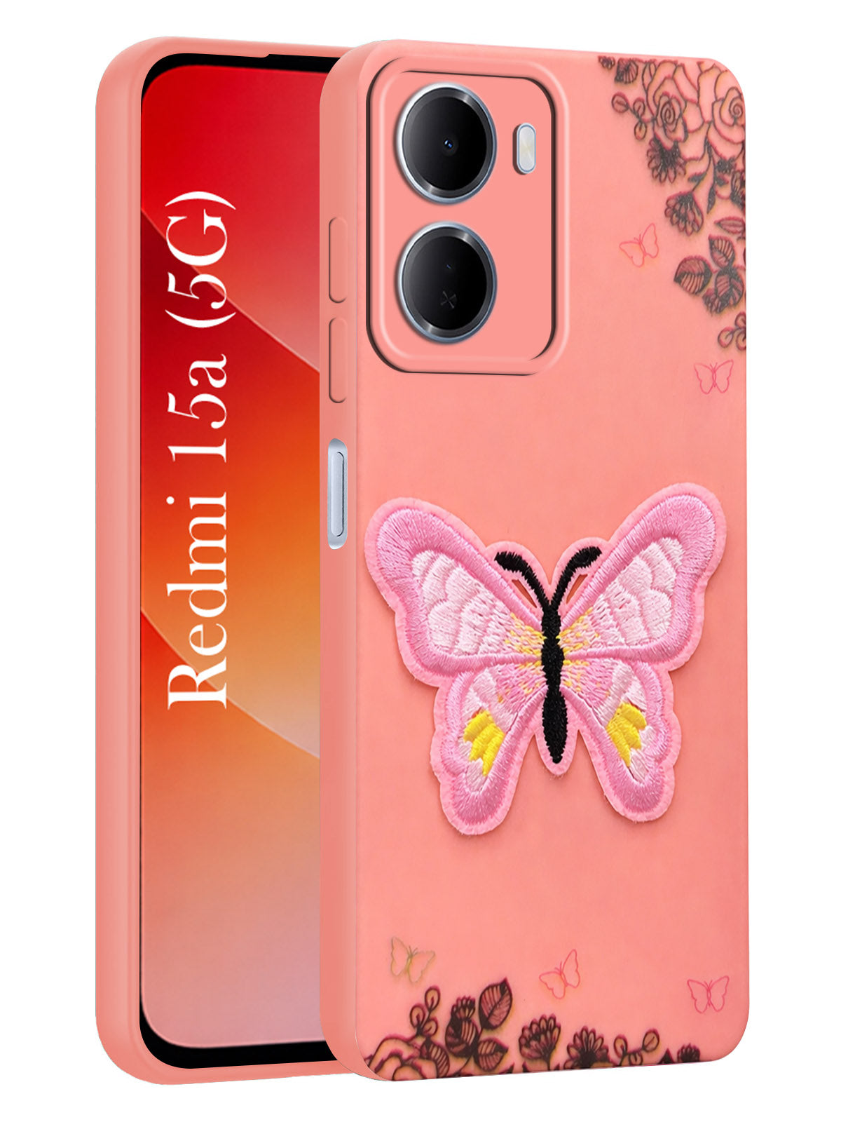 For Redmi 15A 5G Back Cover Case (Soft Butterfly Embroidery | Women Teen Girls | Camera Protection| Matte Silicone)