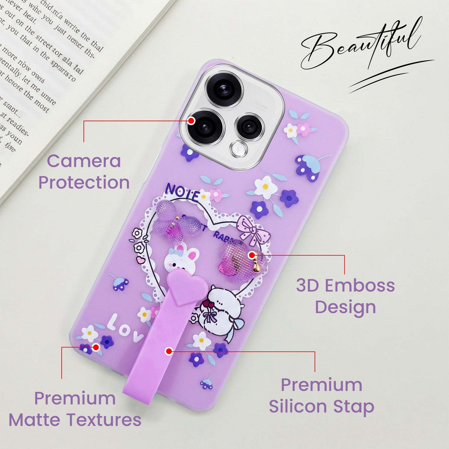 For Oppo Reno15 5G Back Cover Case (3D Cute Heart Strap Holder | Camera Protection | Designer Girls Print)