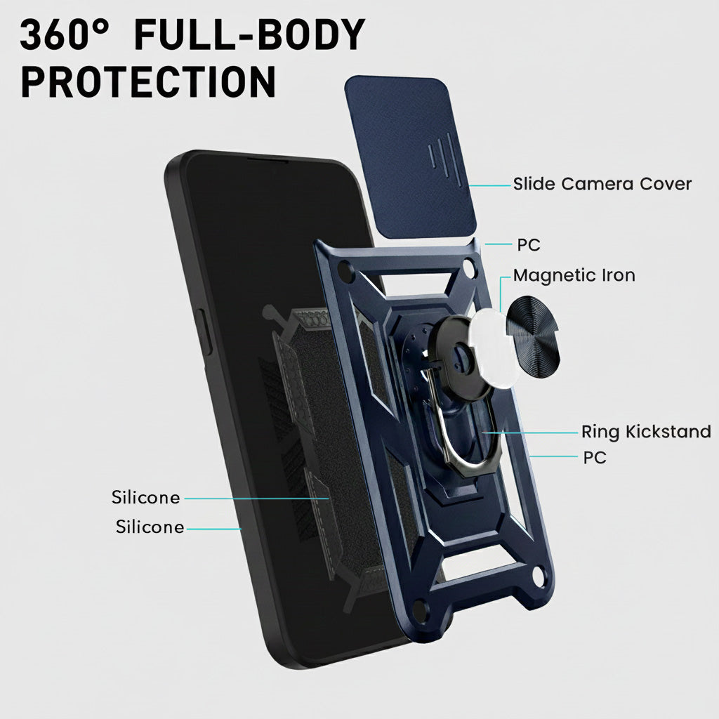 For iPhone 17 Pro | iPhone 18 Pro Back Cover Case Hybrid Armor (Sliding Shutter Camera Protection | Polycarbonate |Ring Holder Kickstand)