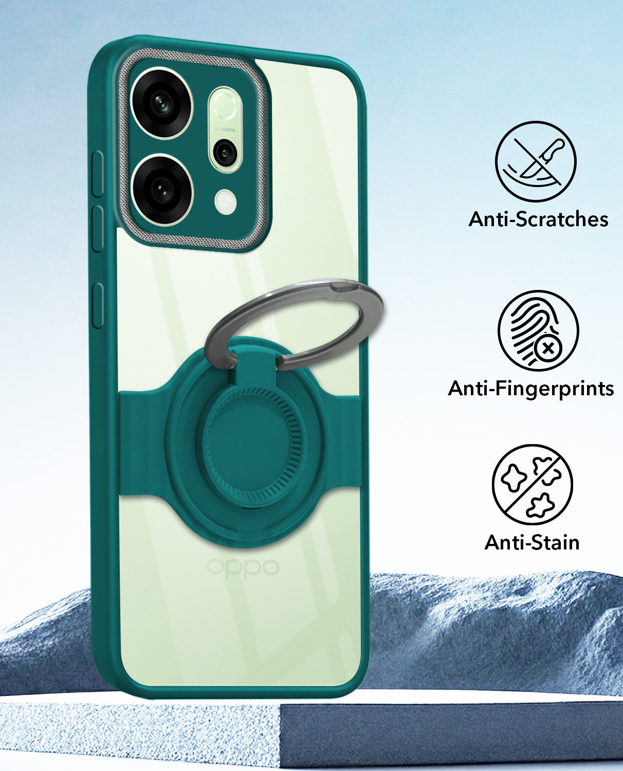 For Oppo Reno14 5G | Oppo Reno 14 5G Back Cover Case with stand (Built-in Ring Holder Kickstand | Lifetime Anti Yellow | Camera Protection)