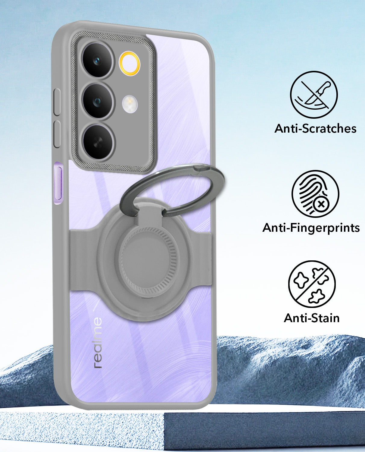 For Realme C85 5G | Realme Narzo 90x Back Cover Case with stand (Built-in Ring Holder Kickstand | Lifetime Anti Yellow | Camera Protection)