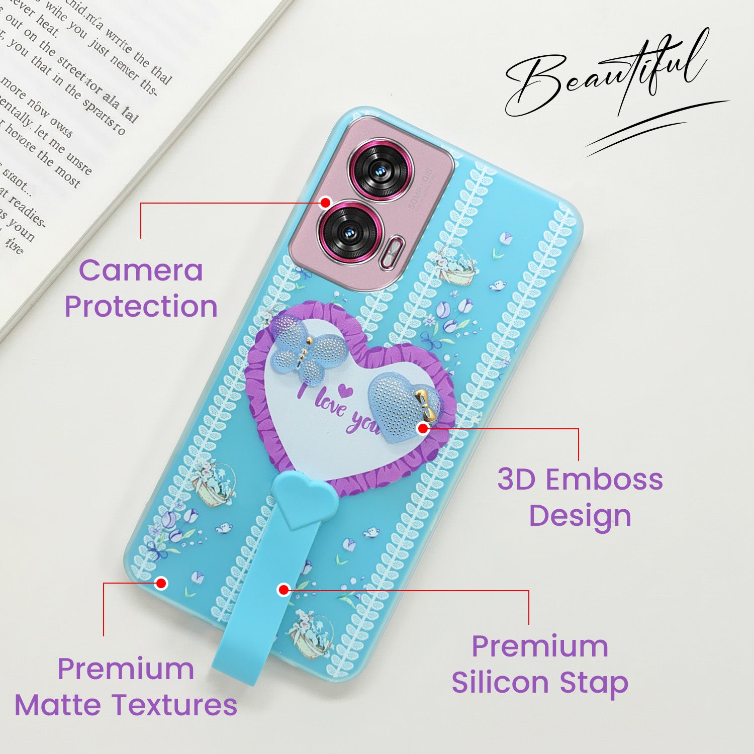 For Motorola Moto Edge 50 Fusion Back Cover Case (3D Cute Heart Strap Holder | Camera Protection | Designer Girls Print)
