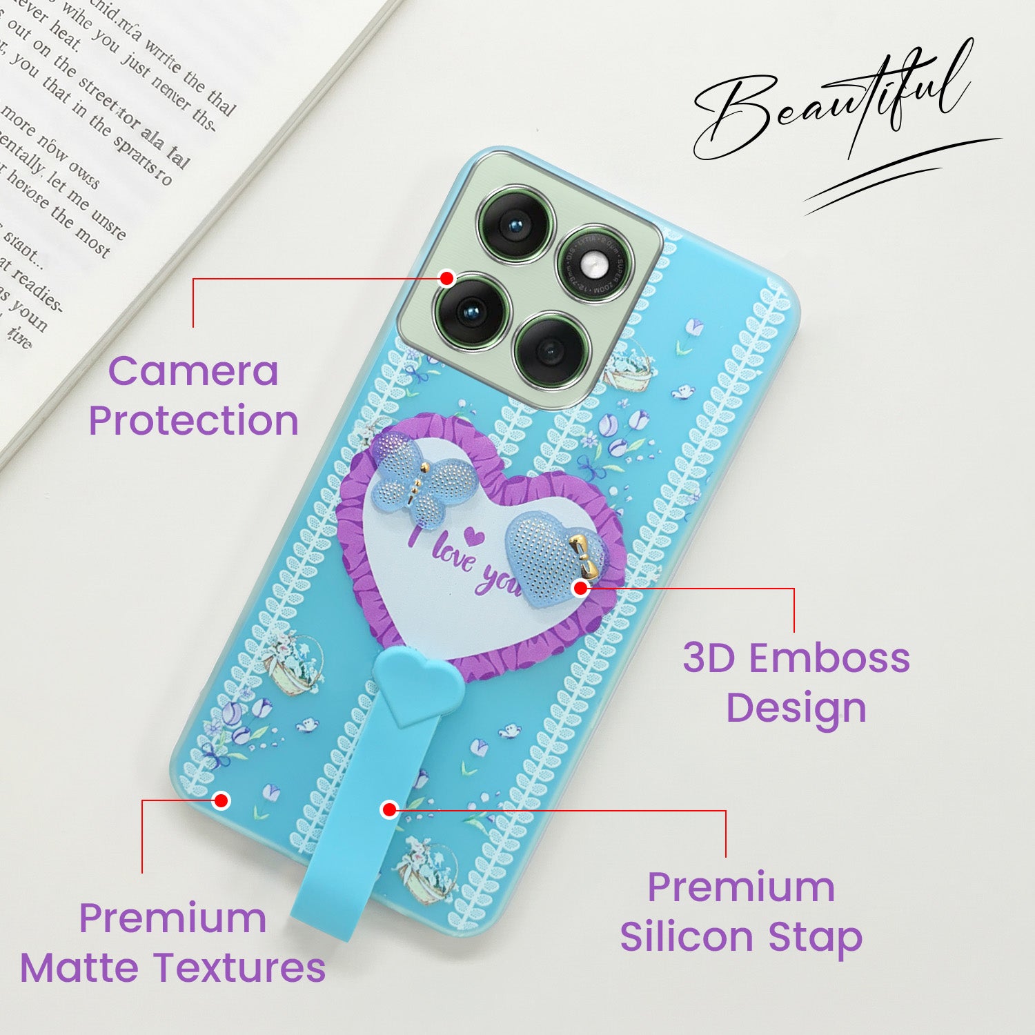 For Motorola Moto Edge 60 Back Cover Case (3D Cute Heart Strap Holder | Camera Protection | Designer Girls Print)