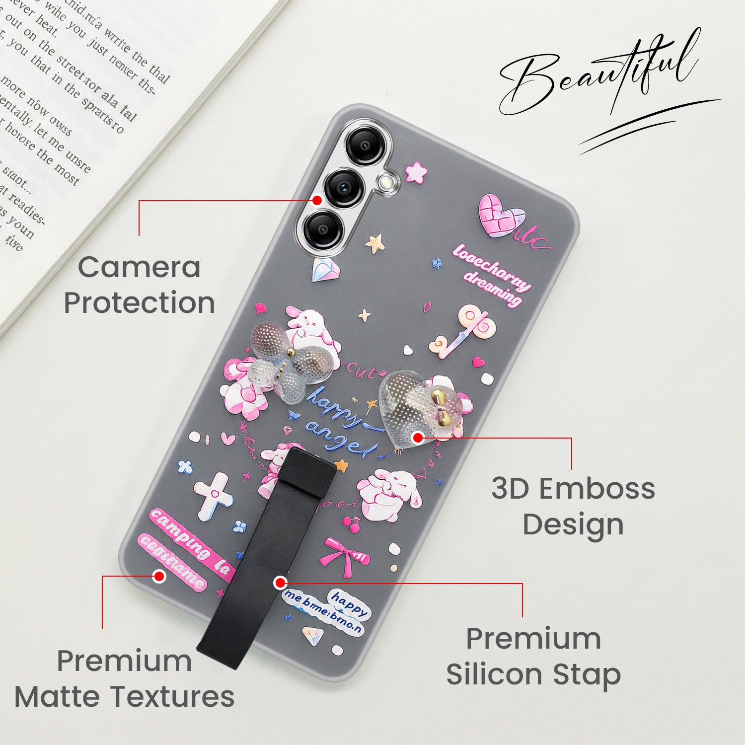 For Samsung Galaxy A14 4G | 5G Back Cover Case (3D Cute Heart Strap Holder | Camera Protection | Designer Girls Print)