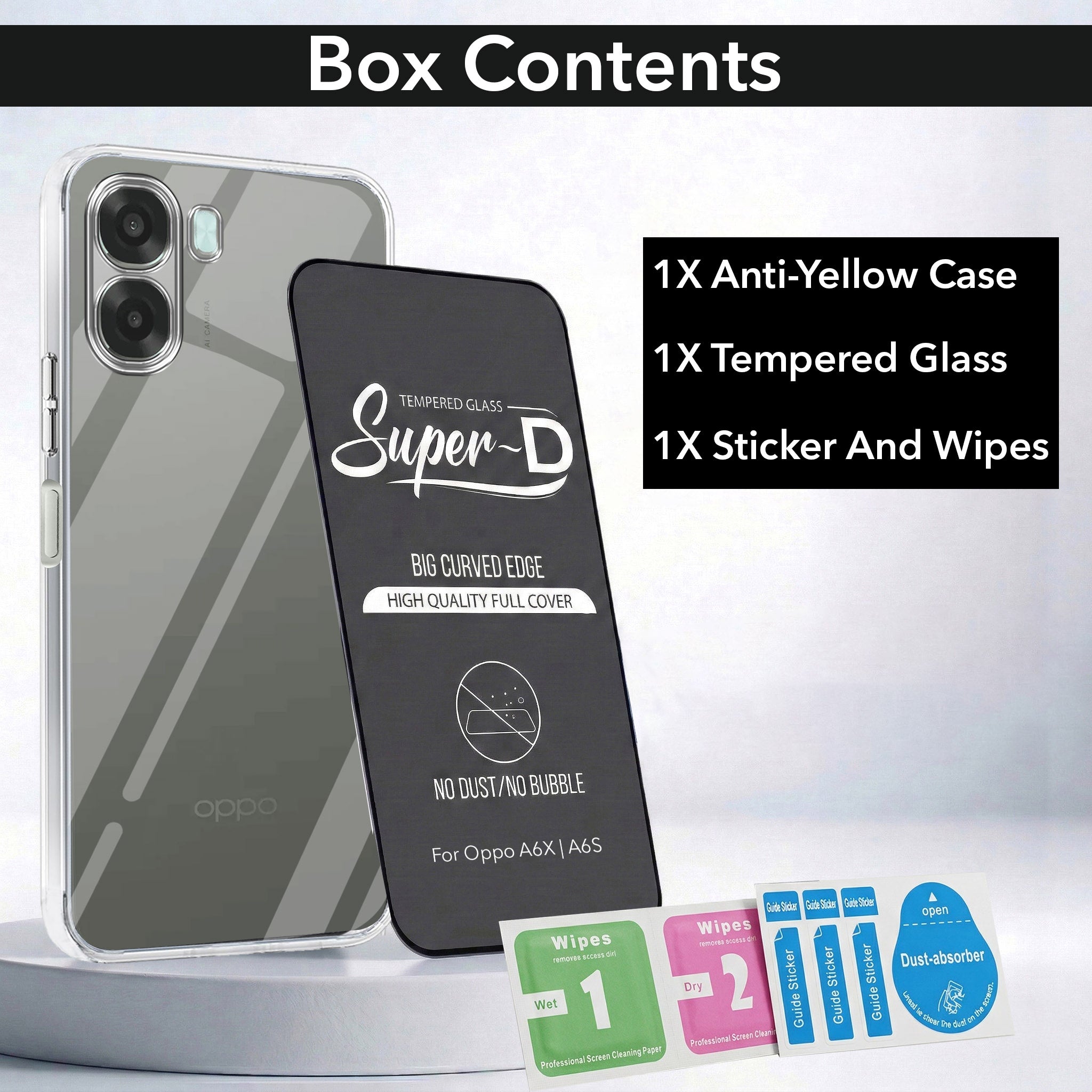 For Oppo A6X | Oppo A6S Combo with Back Cover and 9H Tempered Glass (Lifetime Anti-Yellow | Sleek Hard Crystal | Oleophobic Coating Screen Glass)