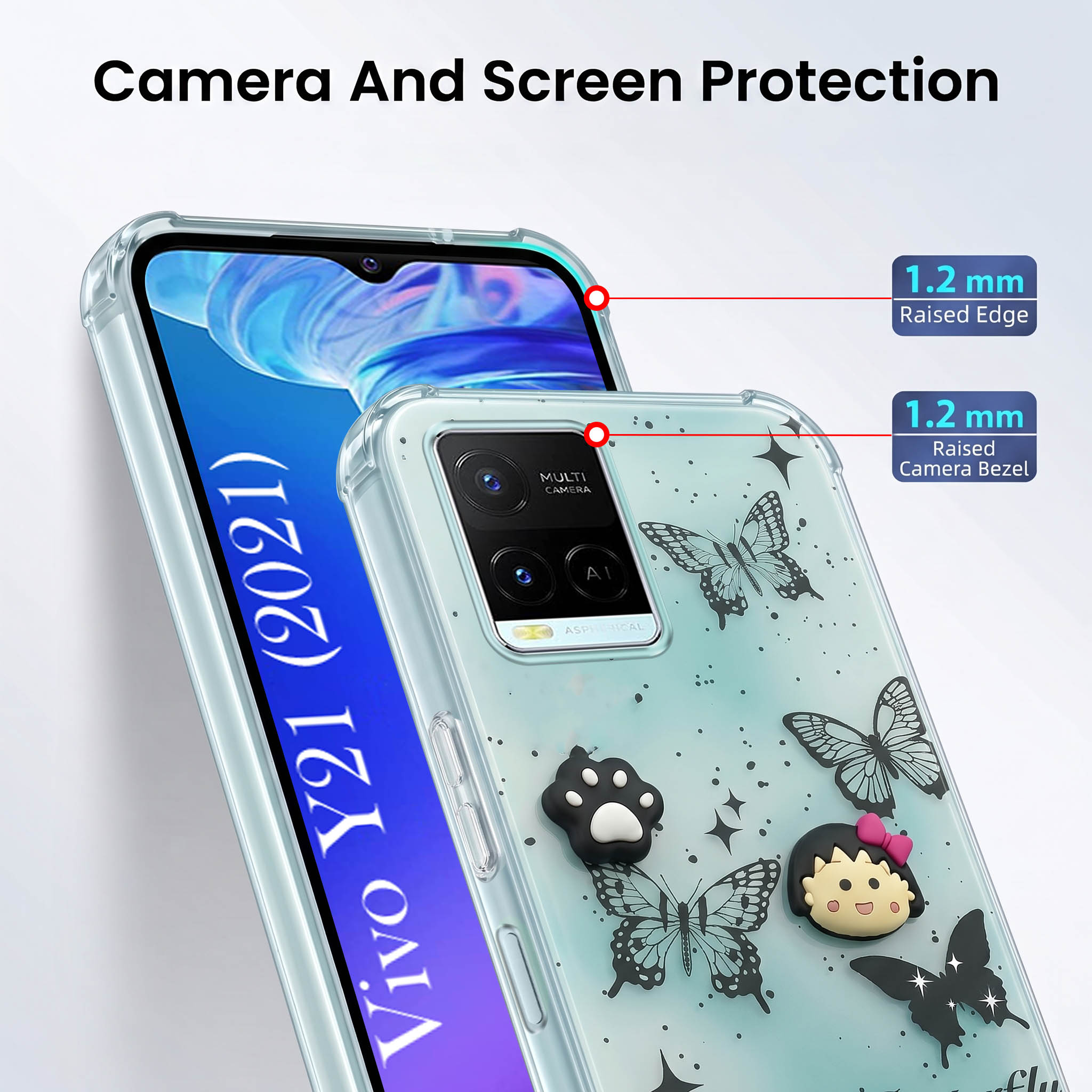 For Vivo Y21 2021 Back Cover Case (3D Cute Cartoons | Hard Back Side Soft | Matte Premium Finish | HD Printing)