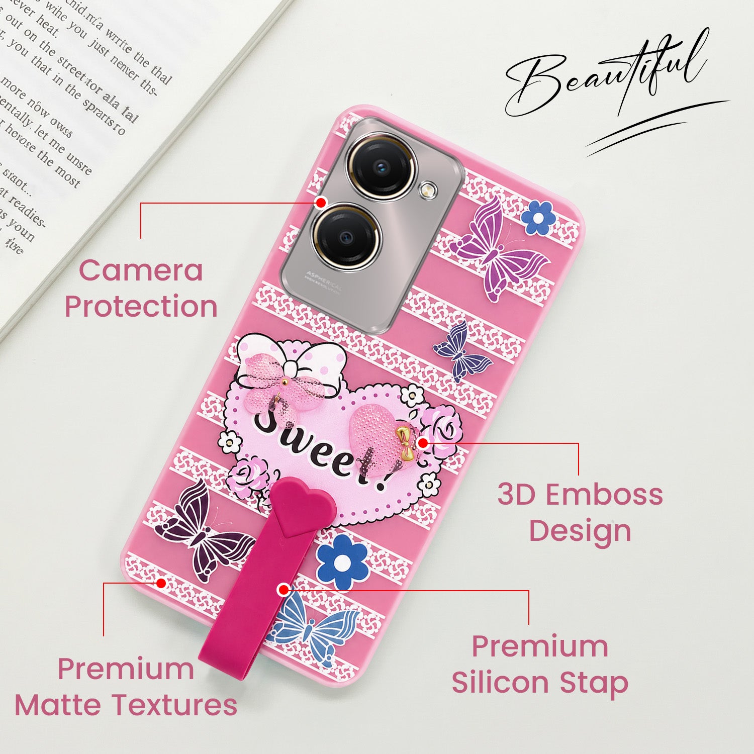 For Vivo Y28s 5G | Vivo T3 Lite 5G Back Cover Case (3D Cute Heart Strap Holder | Camera Protection | Designer Girls Print)