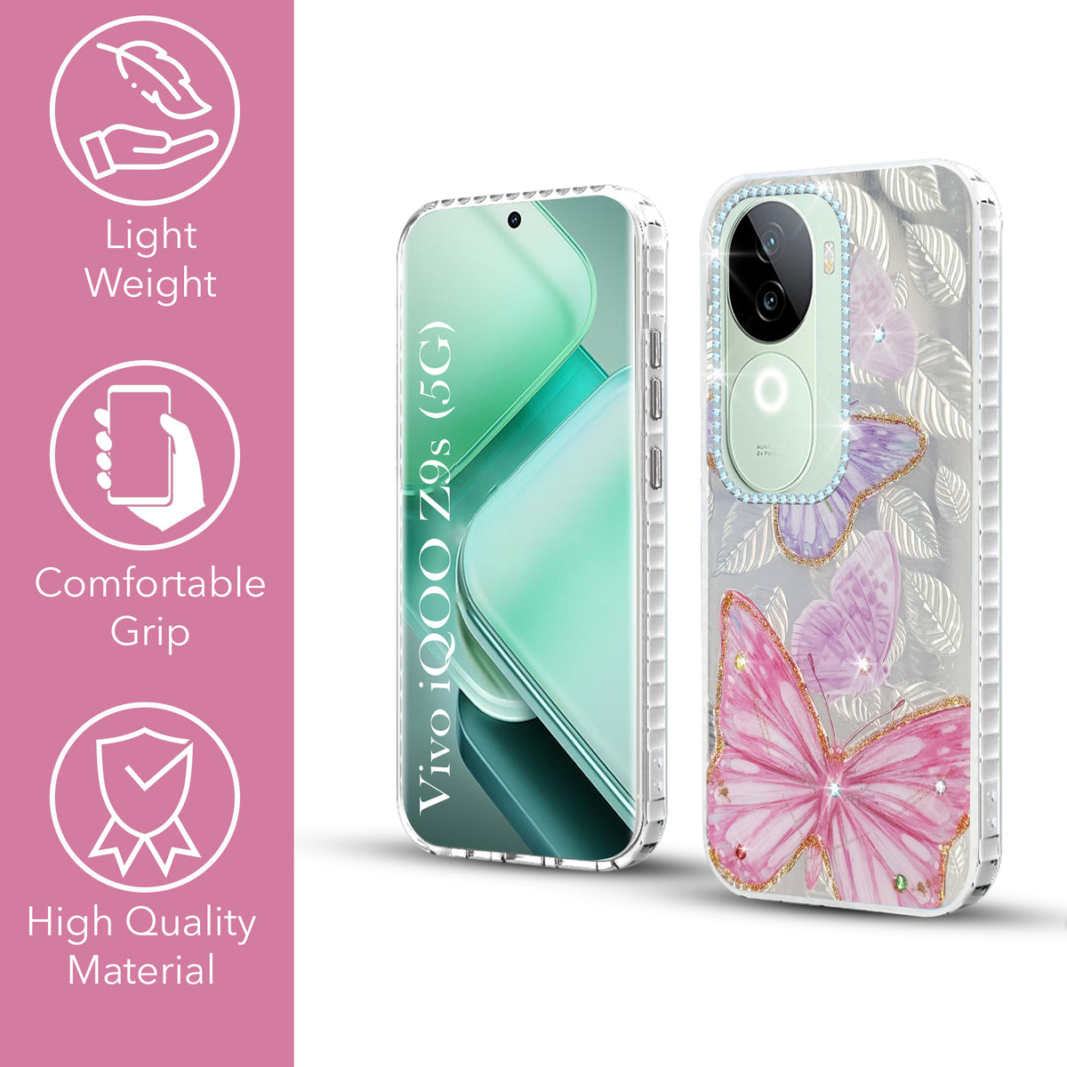 For Vivo iQOO Z9s  Back Cover Case (Luxury Floral Glitter Cute Butterfly | Diamond Studded Camera Bump | Girls & Women Design)