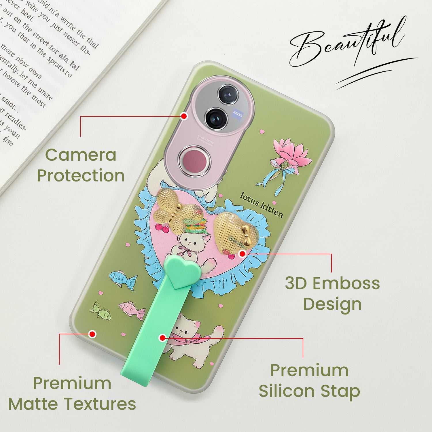 For Vivo V50 | Vivo V50e Back Cover Case (3D Cute Heart Strap Holder | Camera Protection | Designer Girls Print)