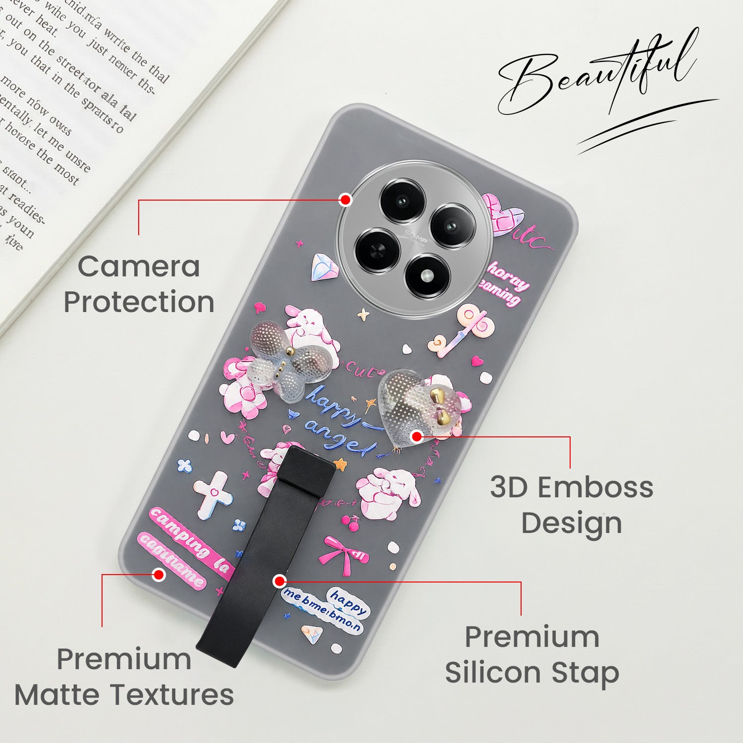 For Realme C65 5G Back Cover Case (3D Cute Heart Strap Holder | Camera Protection | Designer Girls Print)