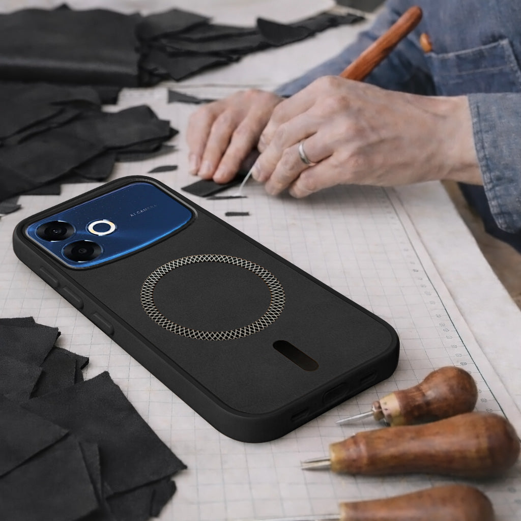 For Oppo F33 Pro 5G Back Cover Case Leather Finish (MagSafe Compatible Wireless Charging | Soft Touch | Camera Bump Protection)