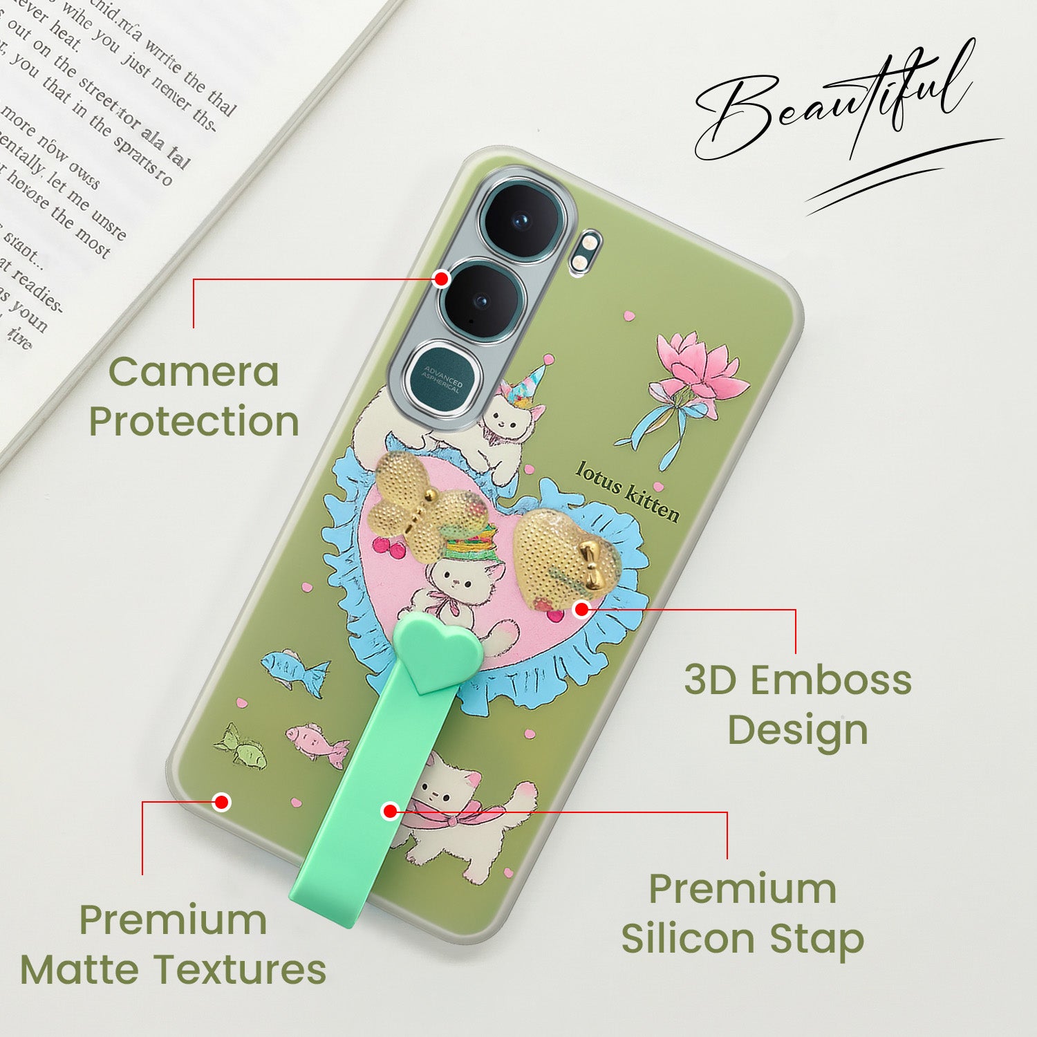For Vivo Y31 5G Back Cover Case (3D Cute Heart Strap Holder | Camera Protection | Designer Girls Print)