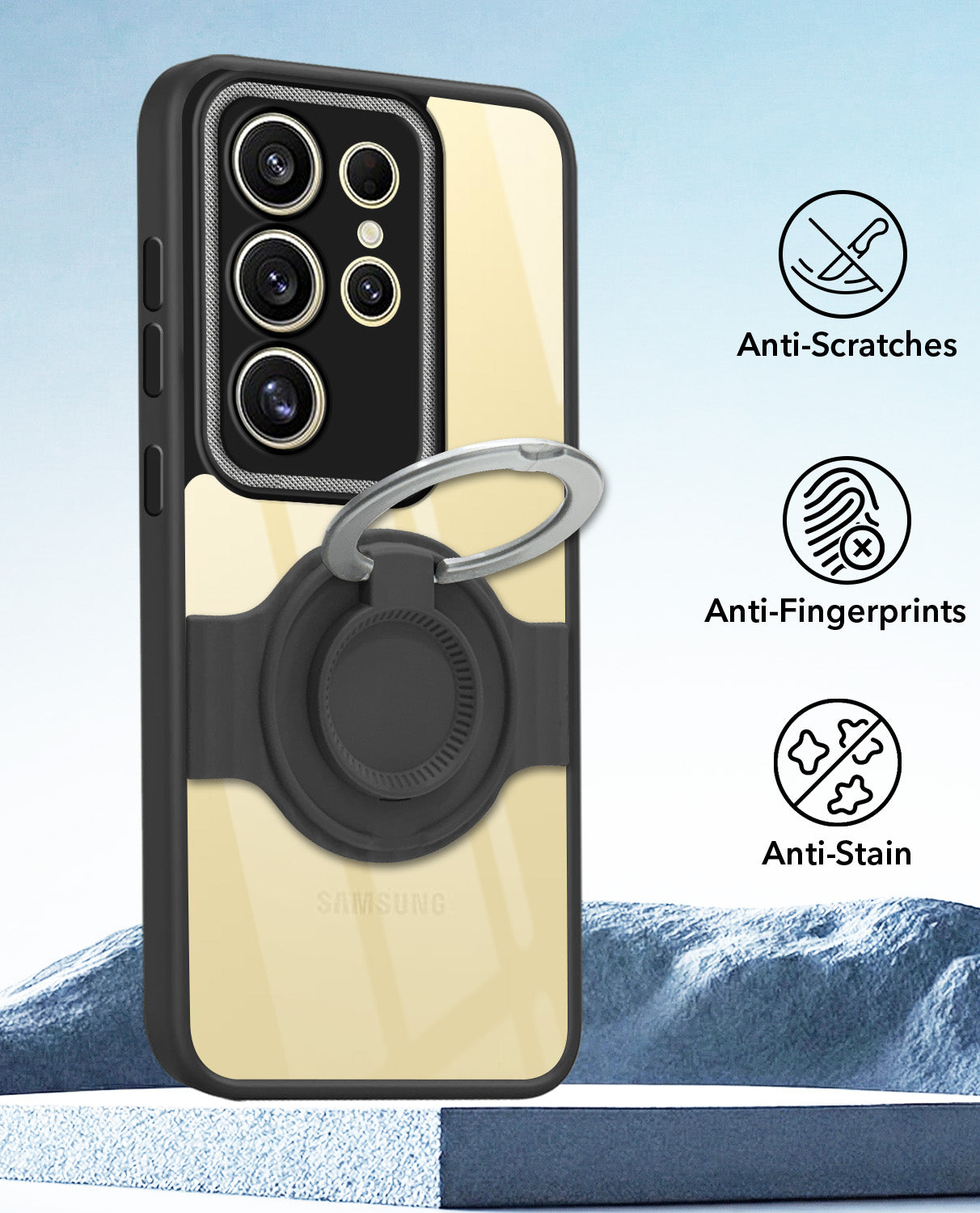 For Samsung Galaxy S24 Ultra Back Cover Case with stand (Built-in Ring Holder Kickstand | Lifetime Anti Yellow | Camera Protection)