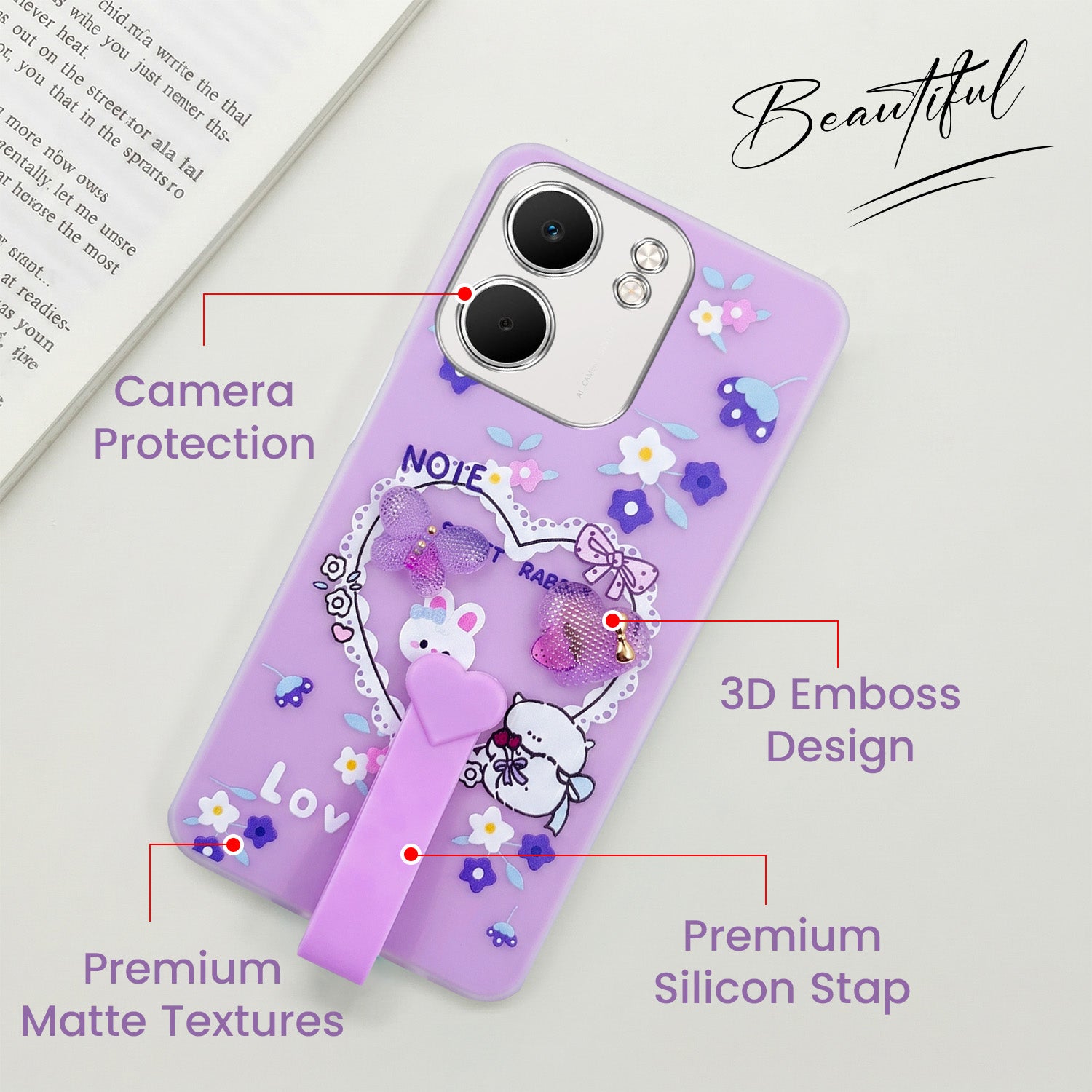 For Oppo A5X Back Cover Case (3D Cute Heart Strap Holder | Camera Protection | Designer Girls Print)