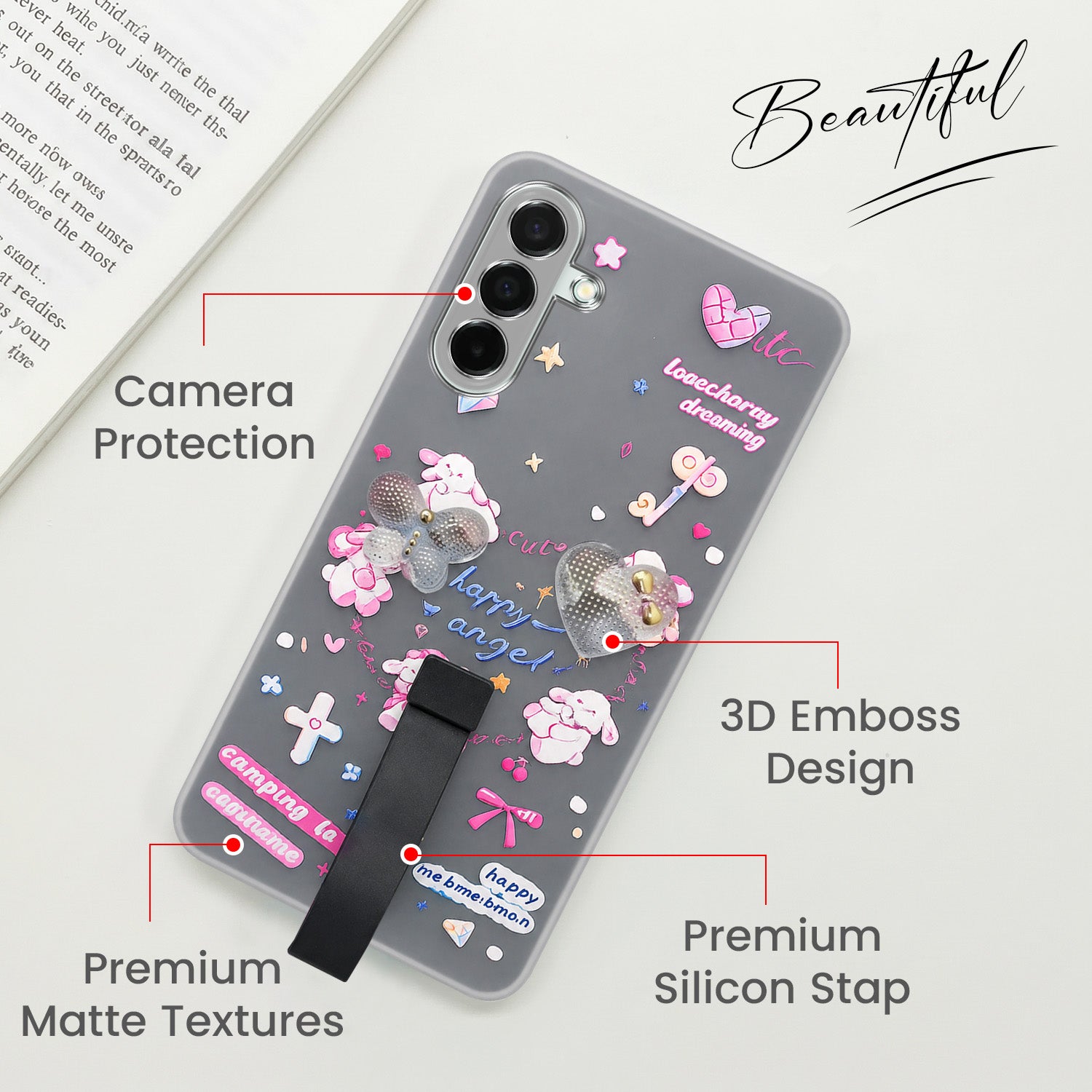 For Samsung Galaxy A26 5G Back Cover Case (3D Cute Heart Strap Holder | Camera Protection | Designer Girls Print)