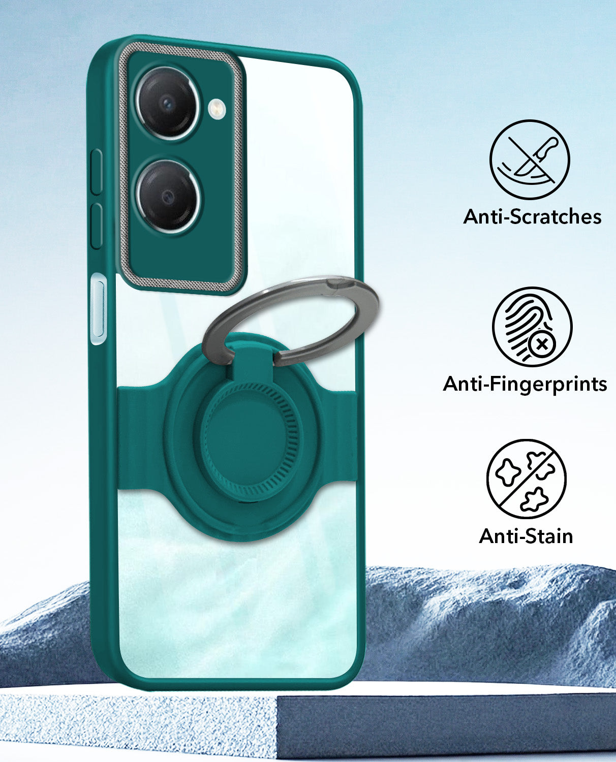 For Vivo iQOO Z9 Lite Back Cover Case with stand (Built-in Ring Holder Kickstand | Lifetime Anti Yellow | Camera Protection)
