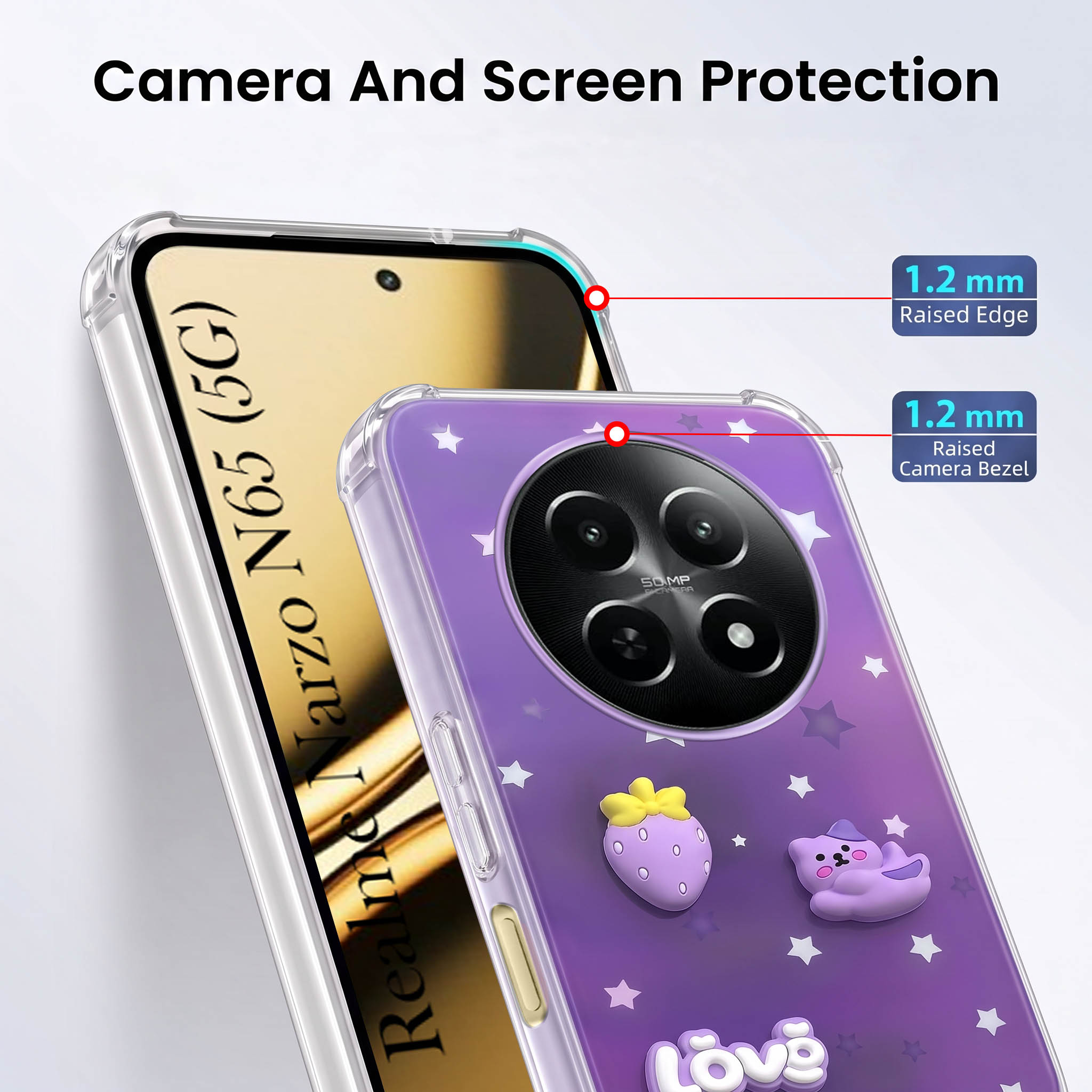 For Realme Narzo N65 5G Back Cover Case (3D Cute Cartoons | Hard Back Side Soft | Matte Premium Finish | HD Printing)