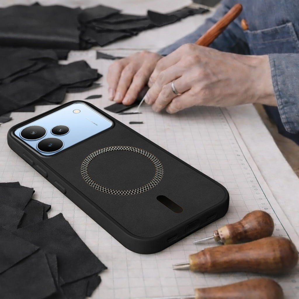 For Realme P4 Back Cover Case Leather Finish (MagSafe Compatible Wireless Charging | Soft Touch | Camera Bump Protection)