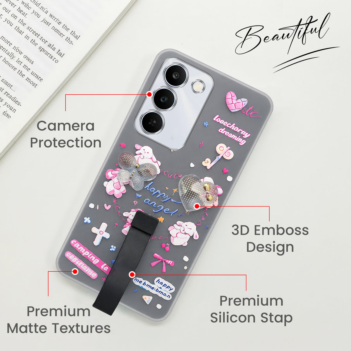 For Realme P4 Lite 5G | Narzo 100 Lite 5G Back Cover Case (3D Cute Heart Strap Holder | Camera Protection | Designer Girls Print)